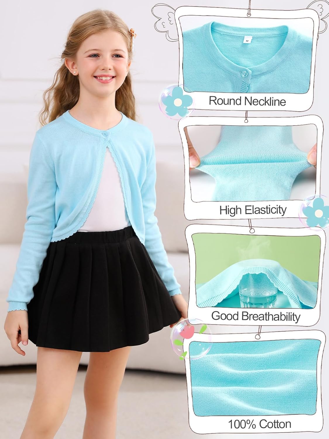 Soudittur Girls Cardigan Sweaters Cotton Long Sleeve Toddler Shrug Button Closure Knitted Dress Cover Up 3-12 Years - Image 4