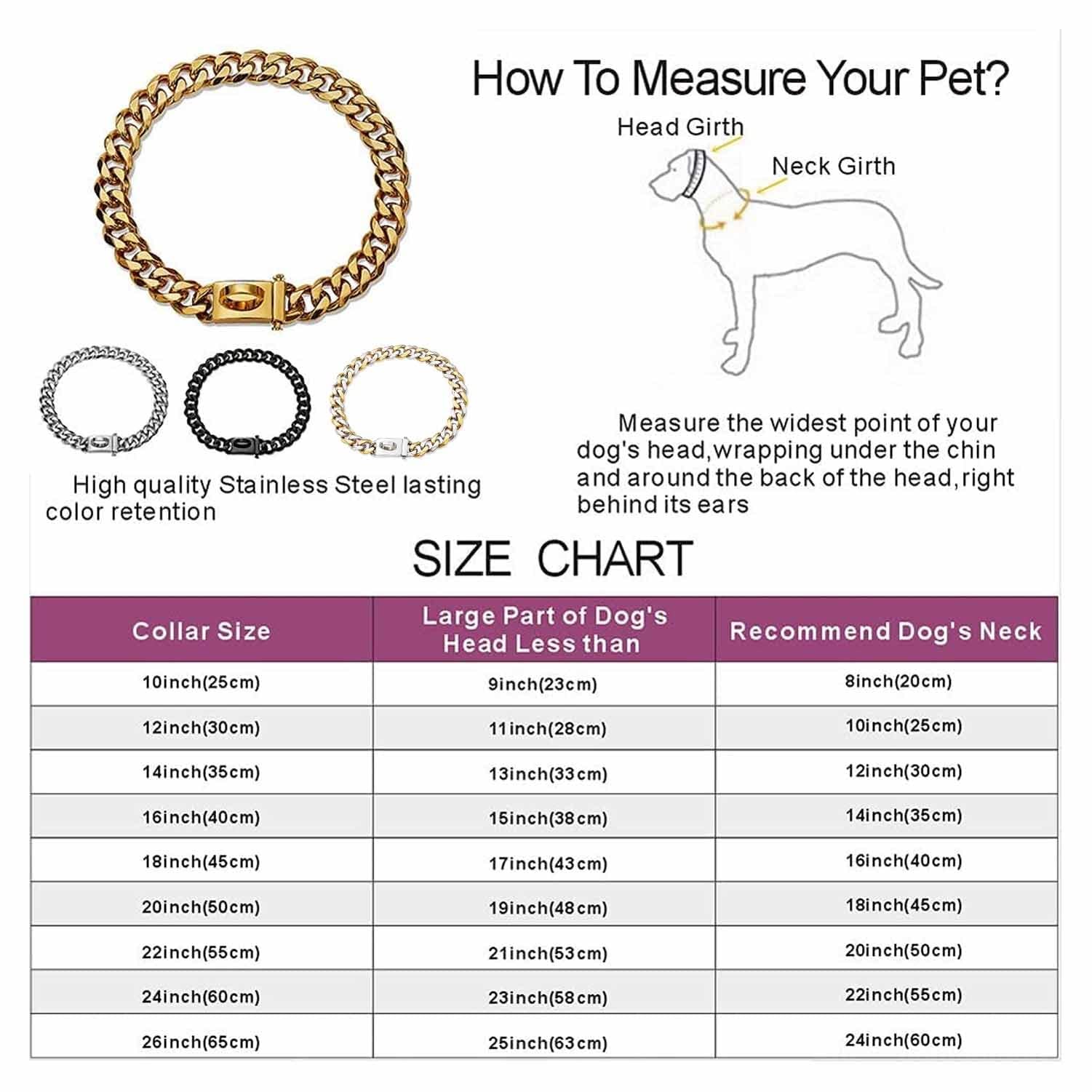 Collar de Cadena para Perro, Resistente al Agua, de Acero y Metal, básico, para Cachorros pequeños, medianos y Grandes (Dorado).