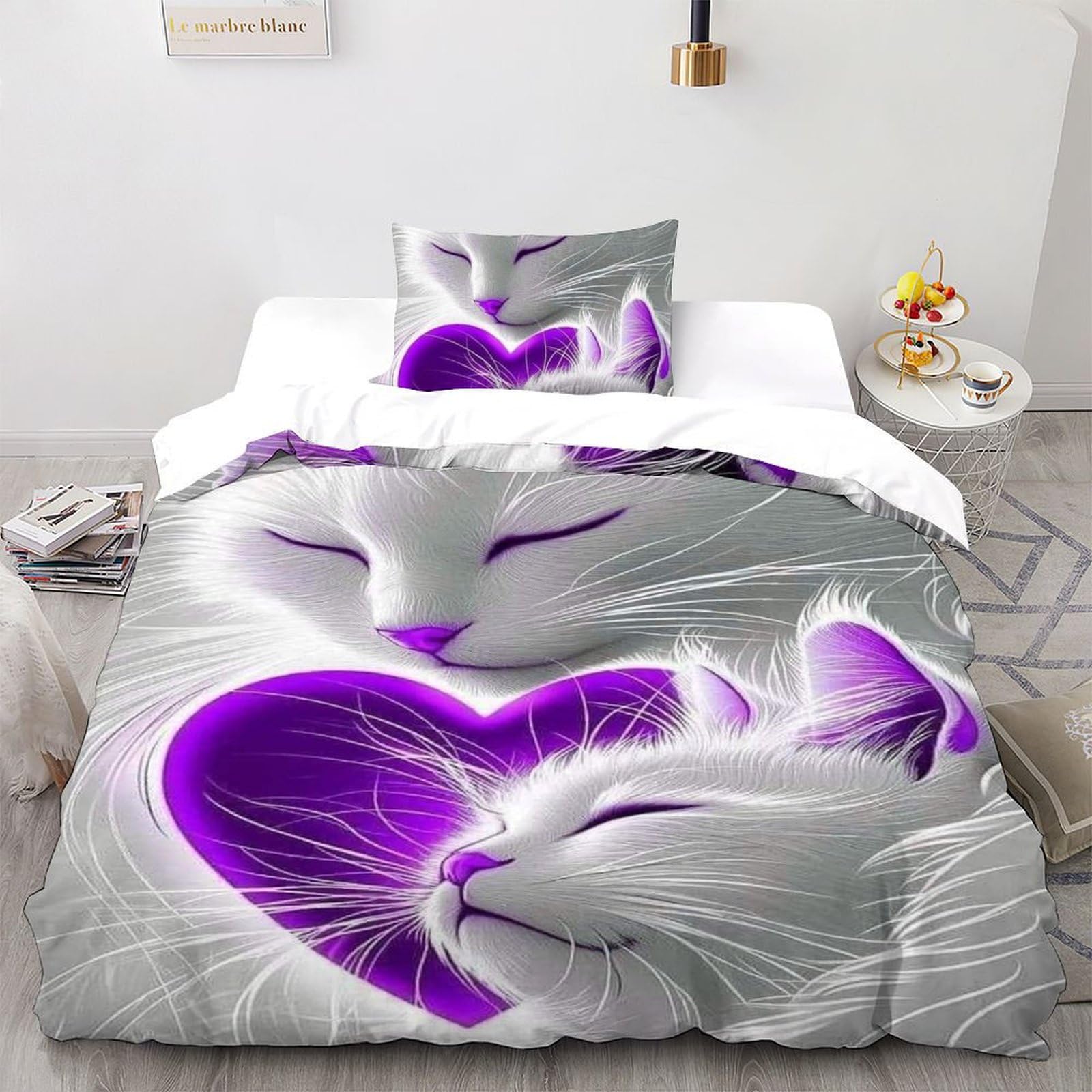 Parure de lit 2 pièces chat blanc violet 100% coton 135x200cm pour lit simple