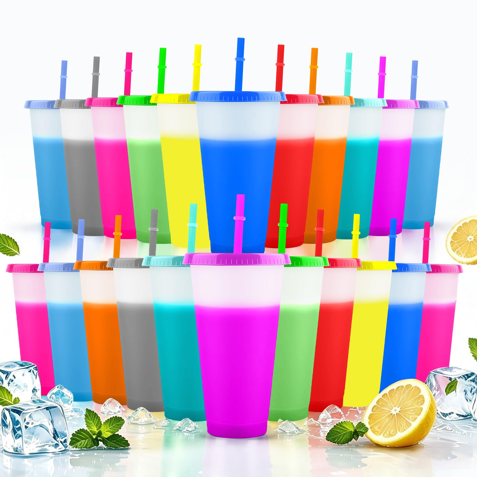 20 Piezas Vasos Reutilizables De Plastico, 710ml Vasos De PláStico De Colores, Cambia De Color En Agua FríA, Con Tapa Y Popote Sin Bpa - Ideal Para Fiestas, Piscina, Oficina Y Café Helado