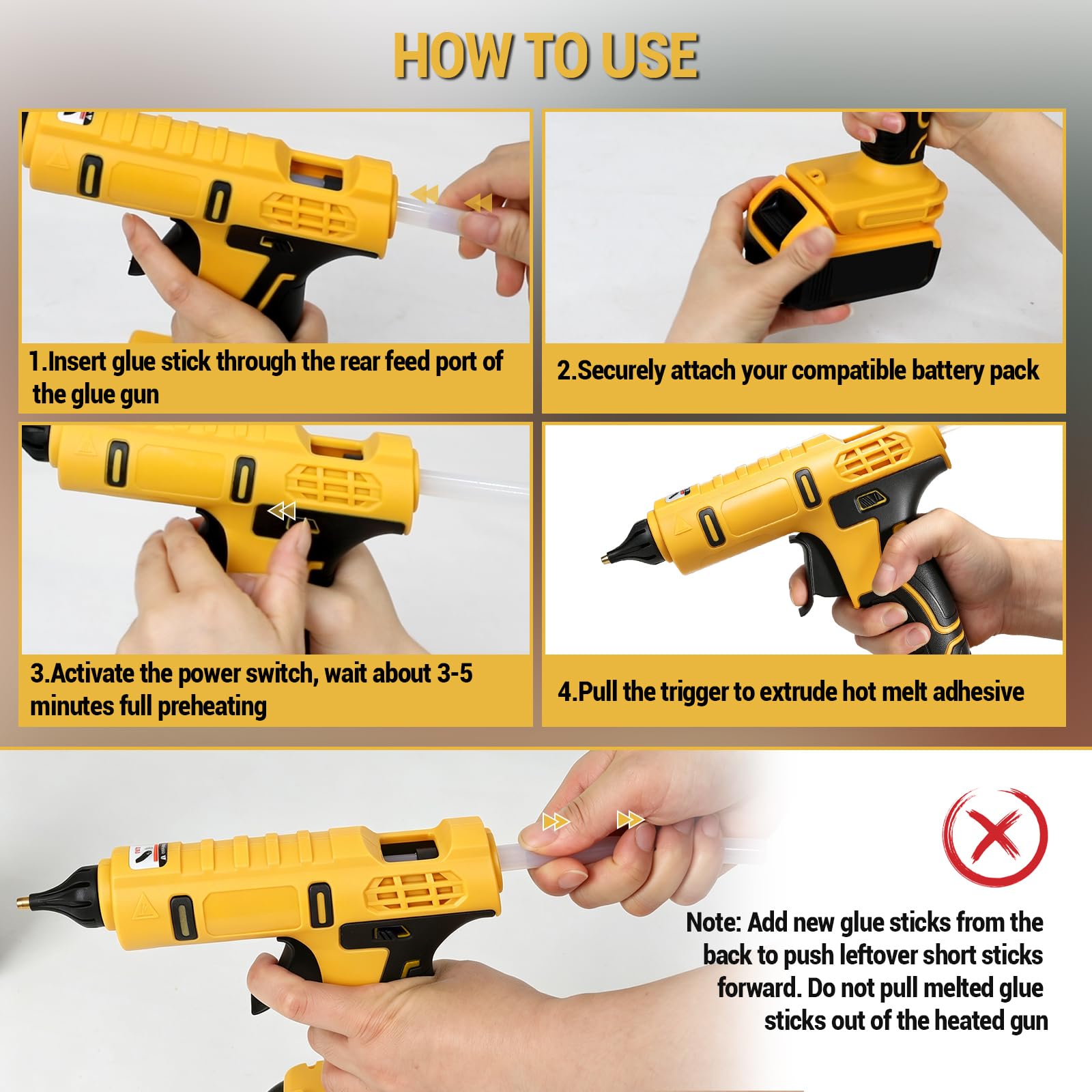 Pistola de pegamento caliente a batería compatible con Dewalt 18V/20V, pistola de pegamento caliente con 20 barras de pegamento de 11 mm, ideal para reparaciones, manualidades, bricolaje (amarillo