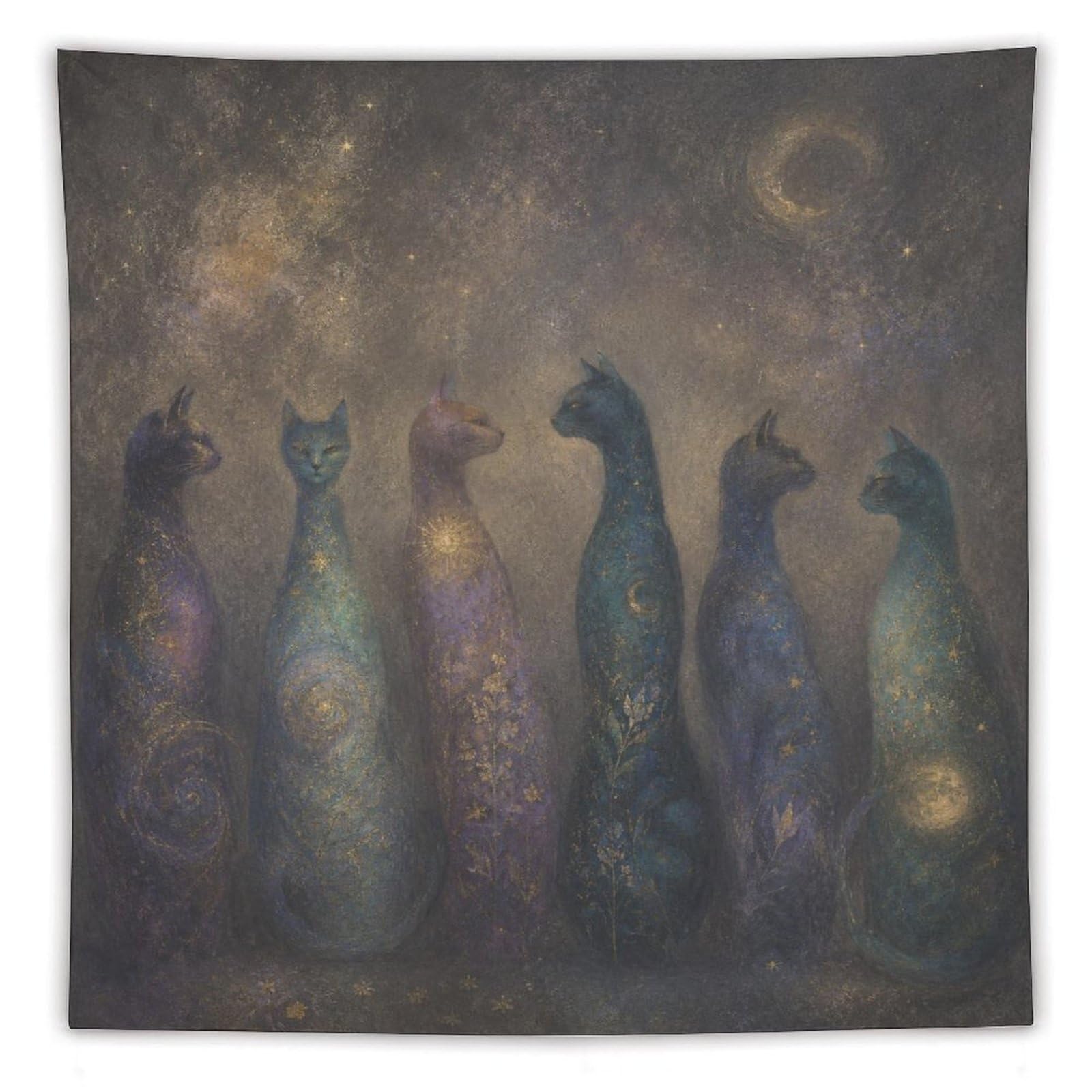 H3B8U2Y5 Cat Spirits in Night Sky Wall Tapestry, Surrealist, Moonlit Stage