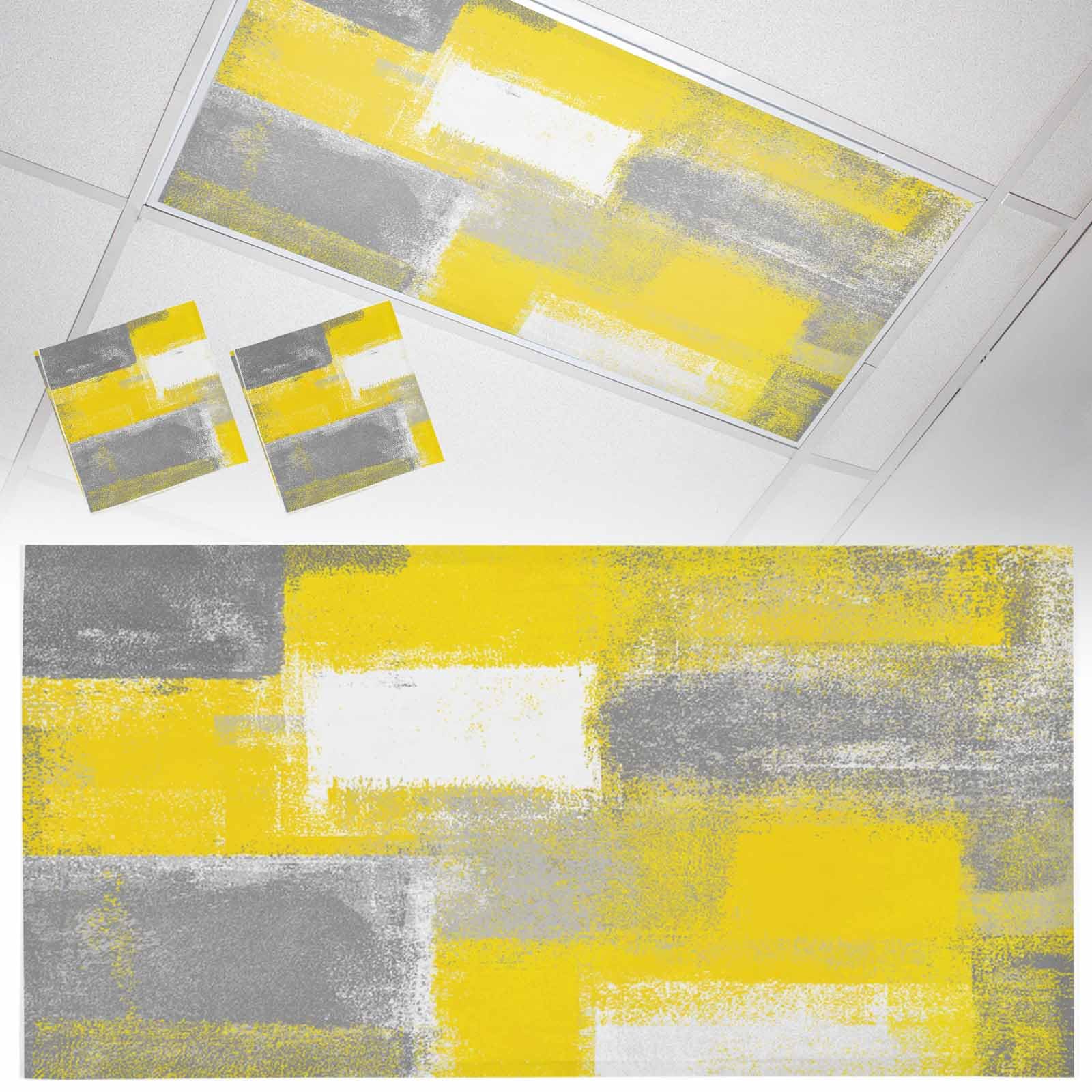 Wowouhiya 2 Pack Fluorescent Light Cover for Ceiling Lights, Yellow Grey Magnetic Classroom Light Filters 4x2 Feet, Rustic Mottled Oil Painting Abstract Texture Decorative Ceiling Shade Panel