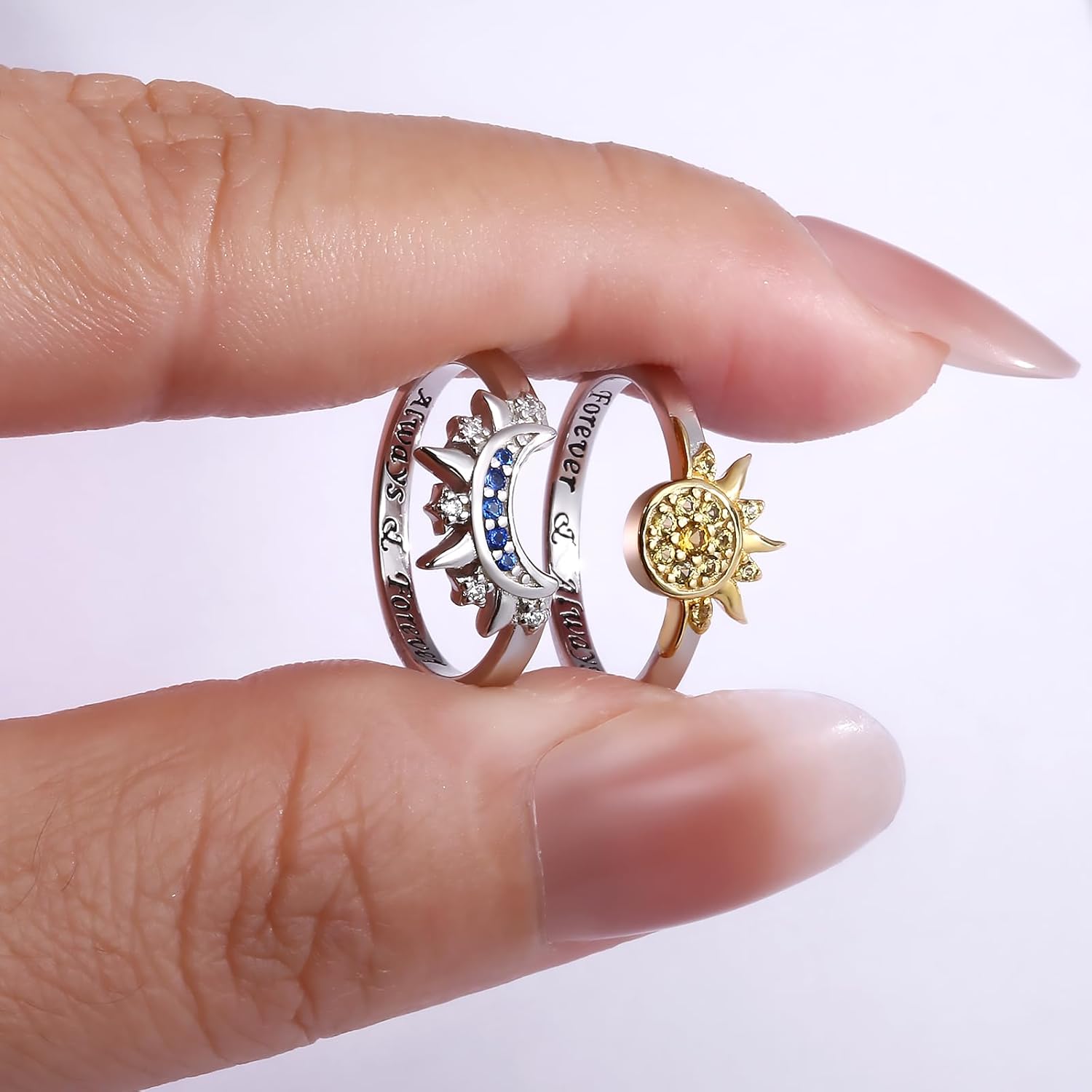 Sterling Silver Moon Sun Rings Set for 2 Stackable Matching Ring Friendship Sister Mother Daughter Promise Jewelry Gifts for Women Bff