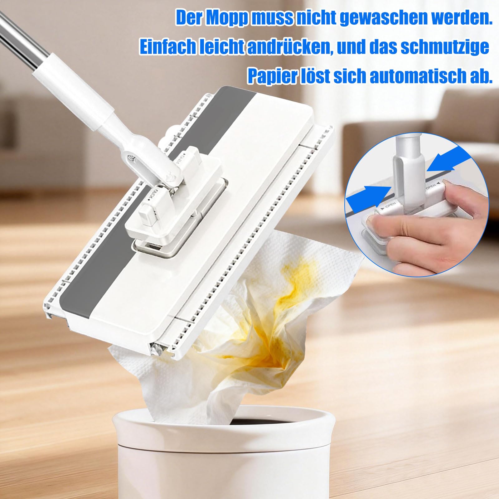 Mop z systemem zaciskowym | mini mop z automatyczną wymianą ściereczki | Zero-Touch i teleskopowy uchwyt | 12 ściereczek z mikrofibry, obsługa jedną ręką | do łazienki, kuchni, płytek