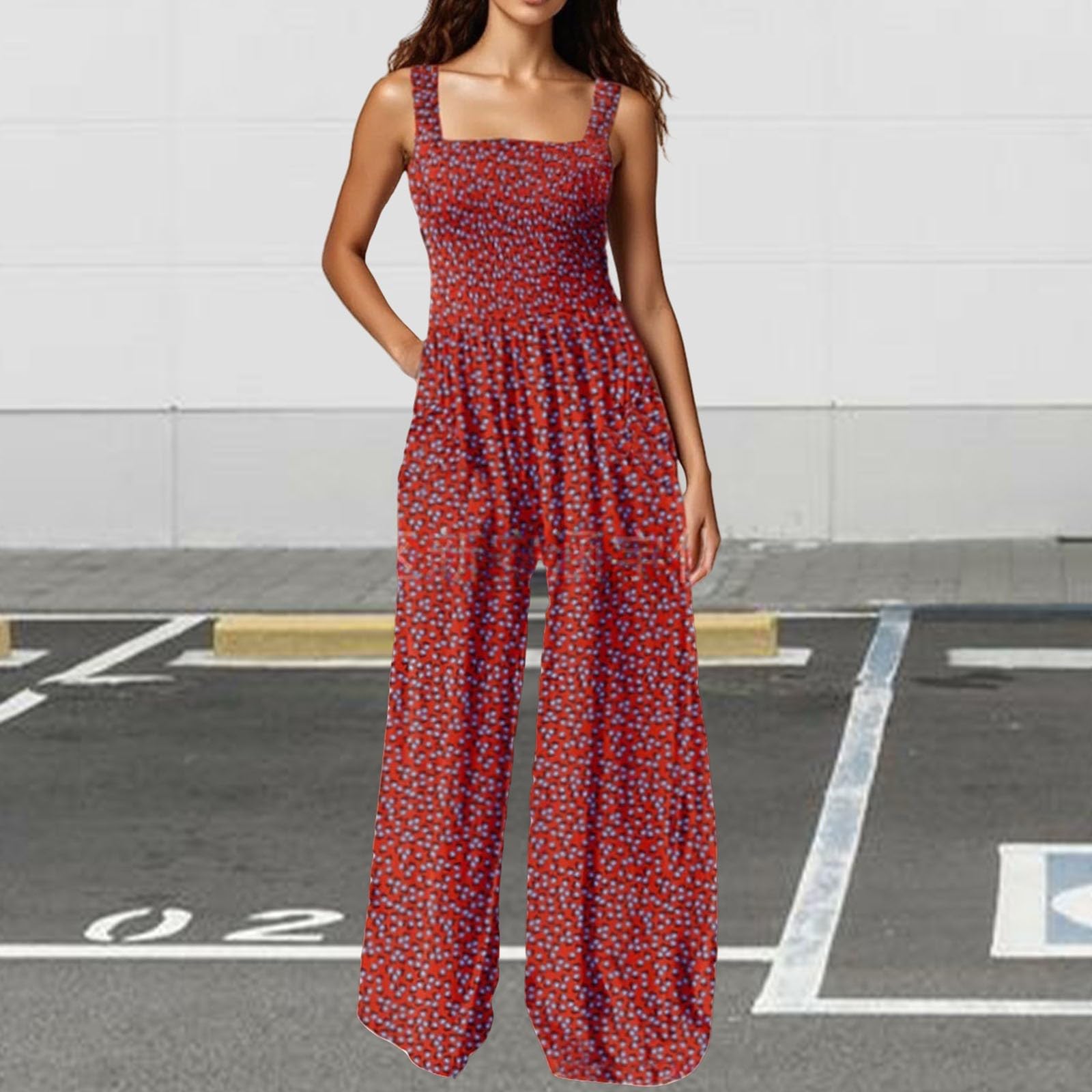 Tuta estiva da donna, con motivo floreale, stile casual, ampia