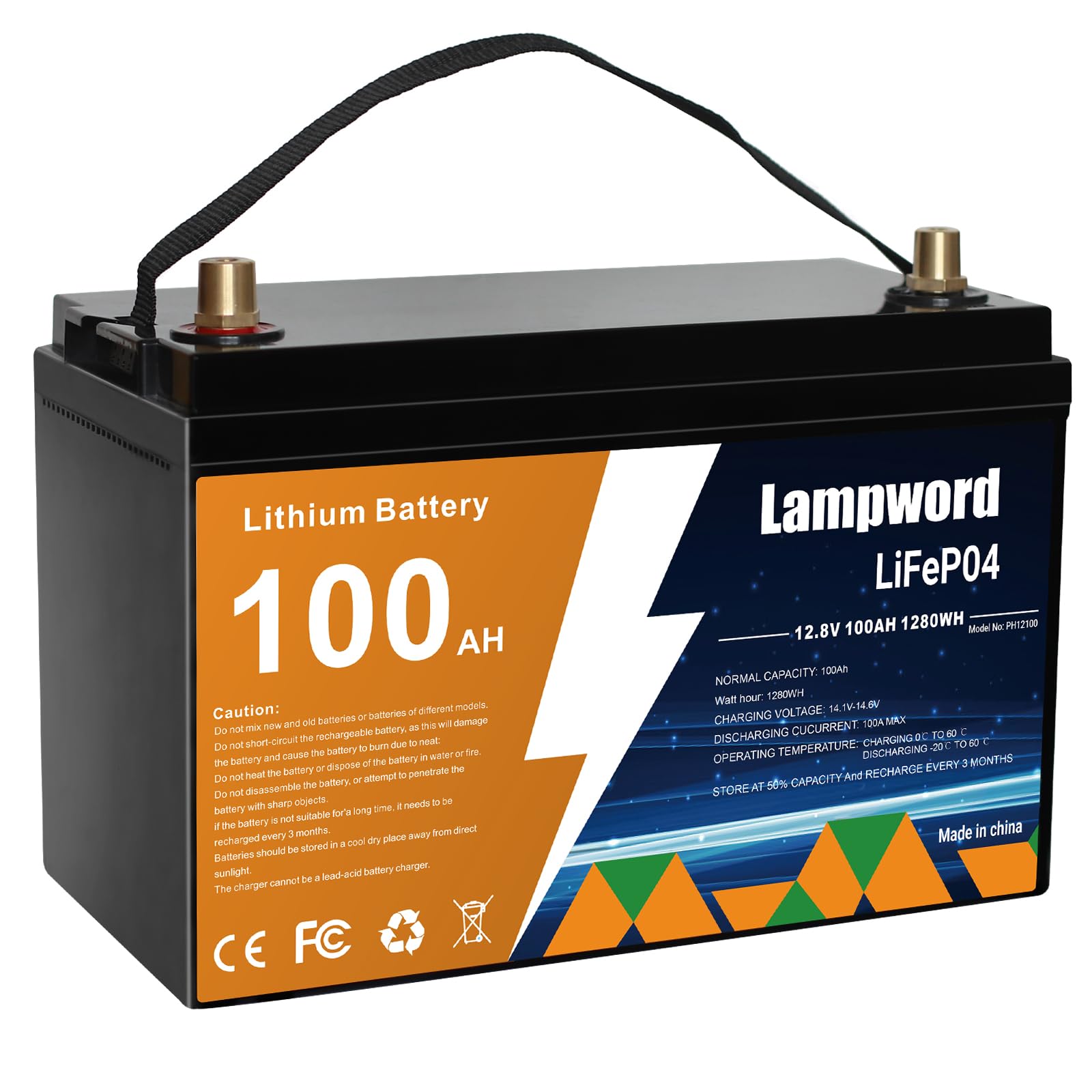 Lithium Battery 12V 100Ah LiFePO4 Battery 6000+ Deep Cycle Rechargeable Batteries for Trolling Motor/Golf Cart/Solar and Wind Power,Lighting,Fish Finder