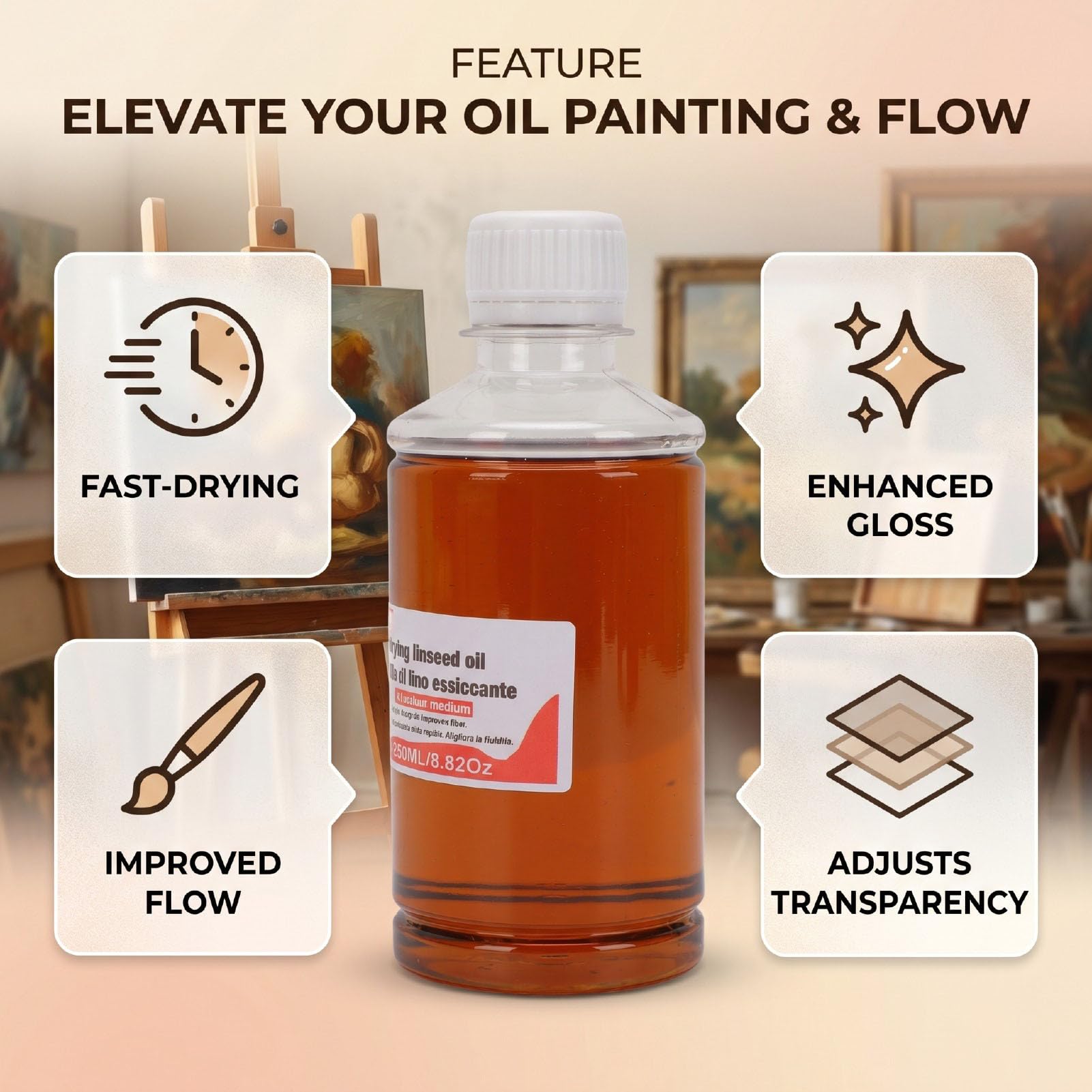Huile de Lin à Séchage Rapide de 250ML, Diluant Pigmentaire pour Peinture, Améliore le Flux, la Transparence et le Brillant