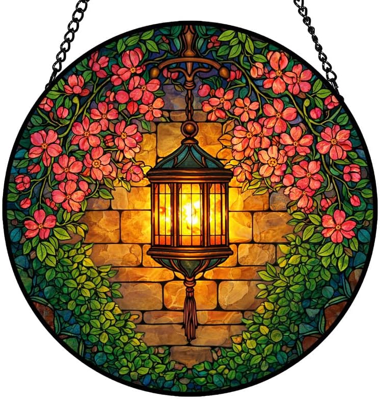 Stained Glass Window Hanging Suncatcher 11.8 in Farm Rooster and Chicken Barn Scene Colorful Glass Panel Sun Catcher for Window,Window Hanging Decor for Home,Housewarming Gift
