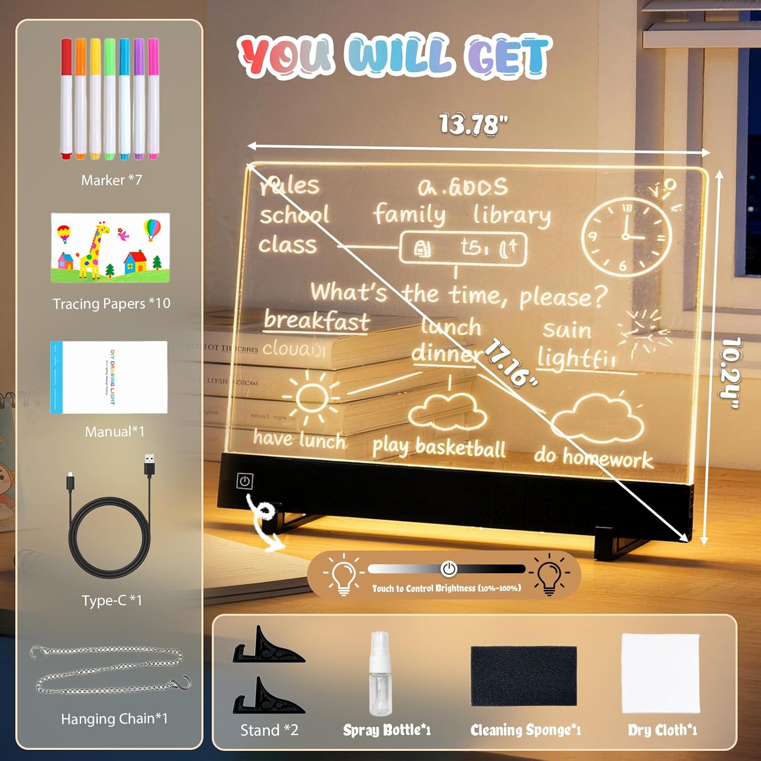 17” Rechargeable Led Drawing Board for Kids, Glow Doodle LED Note Board with 7 Colors and 4 Modes, Neon Acrylic Dry Erase Board with 7 Markers and Tracing Book, Sketching Gift Toy for Kids/Girls/Teens