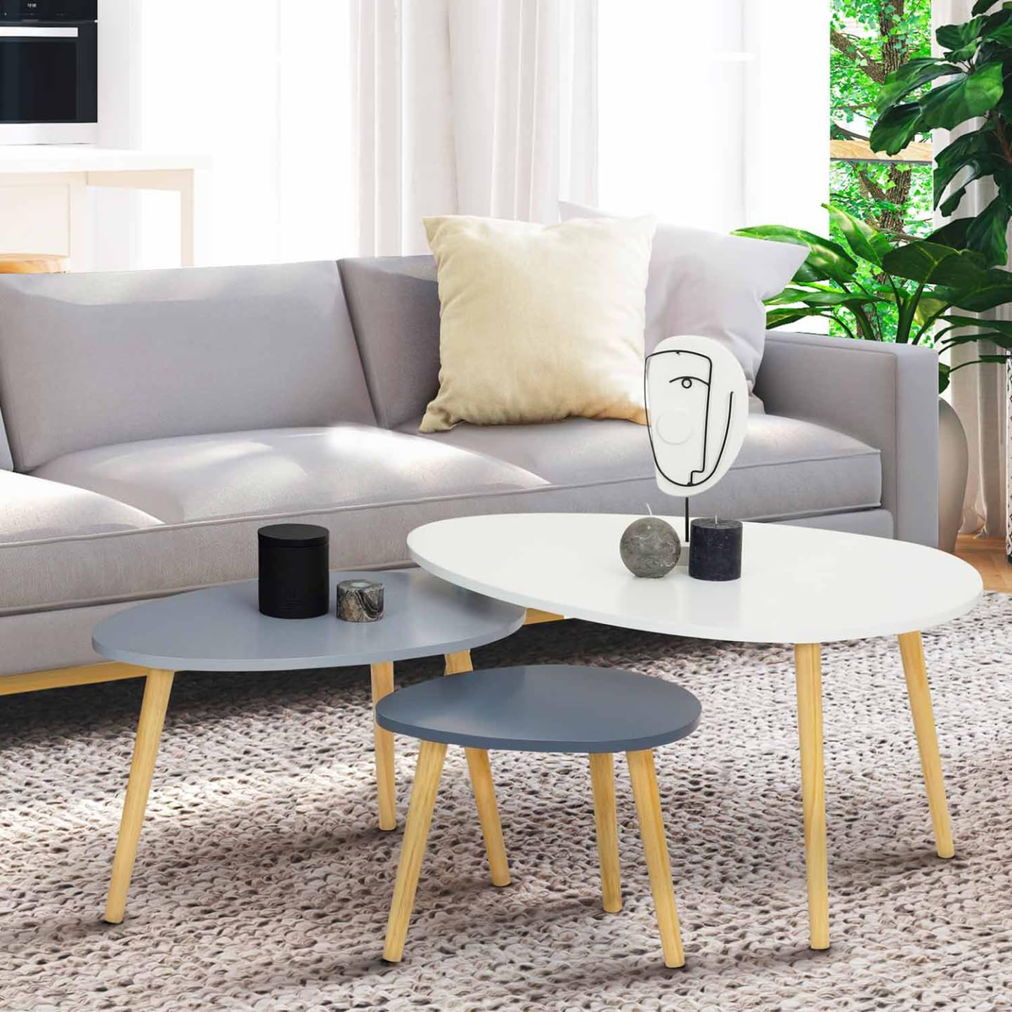 IDMarket - Lot de 3 Tables Basses gigognes Gaia laquées Blanc Gris scandinave