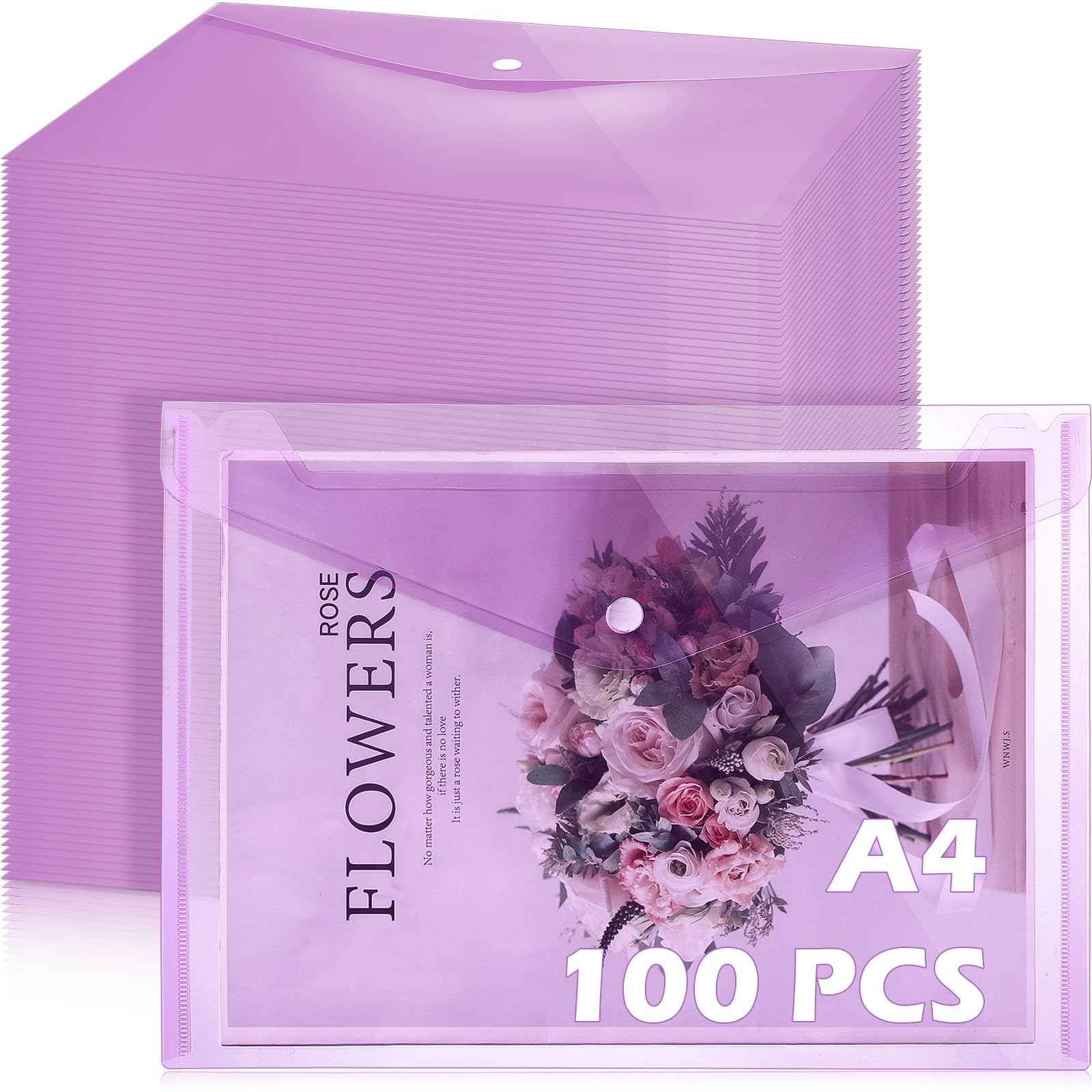 MotiMind 100 buste trasparenti con chiusura a bottone a pressione, formato A4, in plastica trasparente, organizer per documenti, per ufficio e casa (viola)