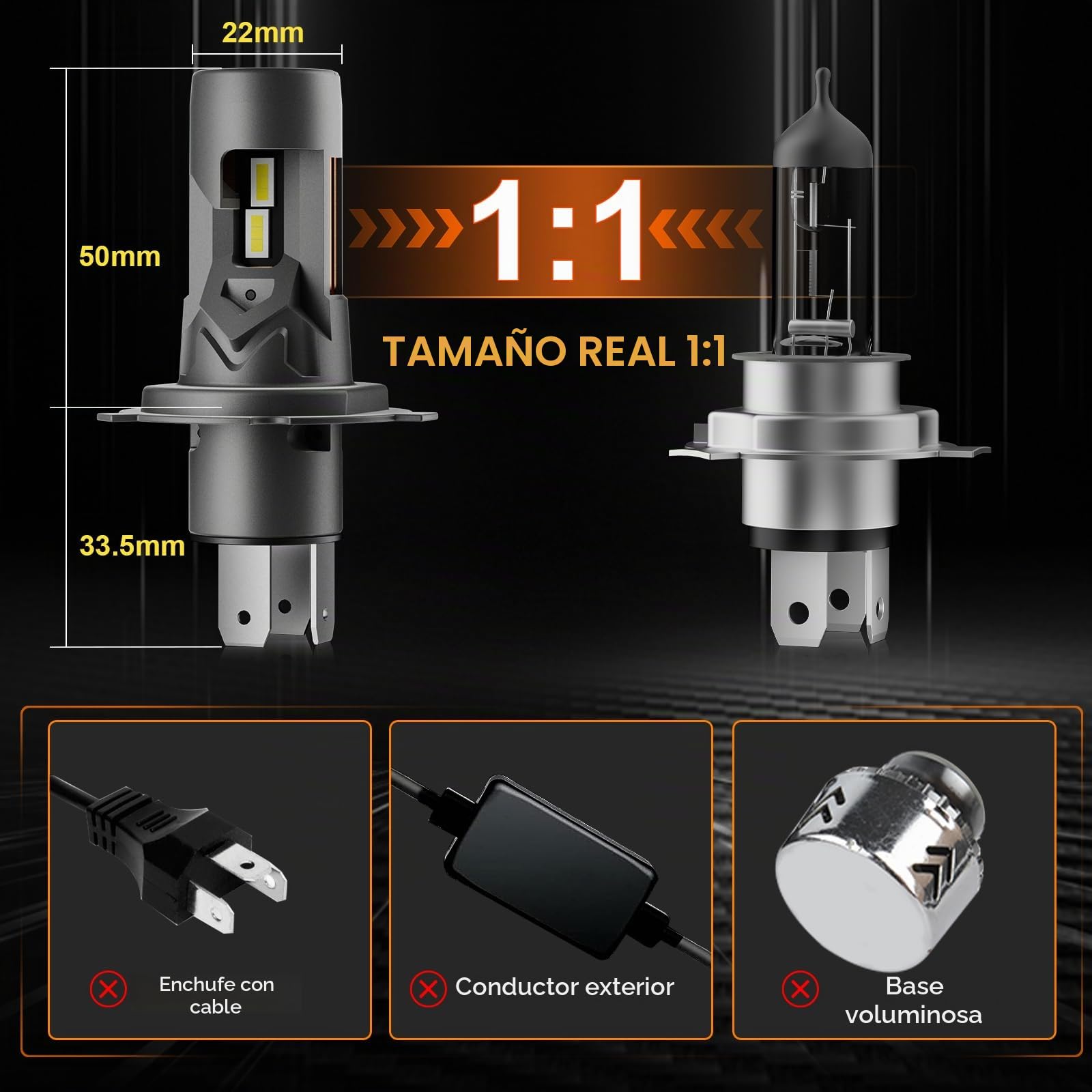 KOYOSO Bombilla H4 LED 100W 26000LM Faros Coche Luces Cortas/Largas | 1:1 Size Design, CANBUS Ready,Fit for Auto/Moto,IP68,No Adapter Required,15000RPM Ventilador Integrado,50000+HRS Lifespan
