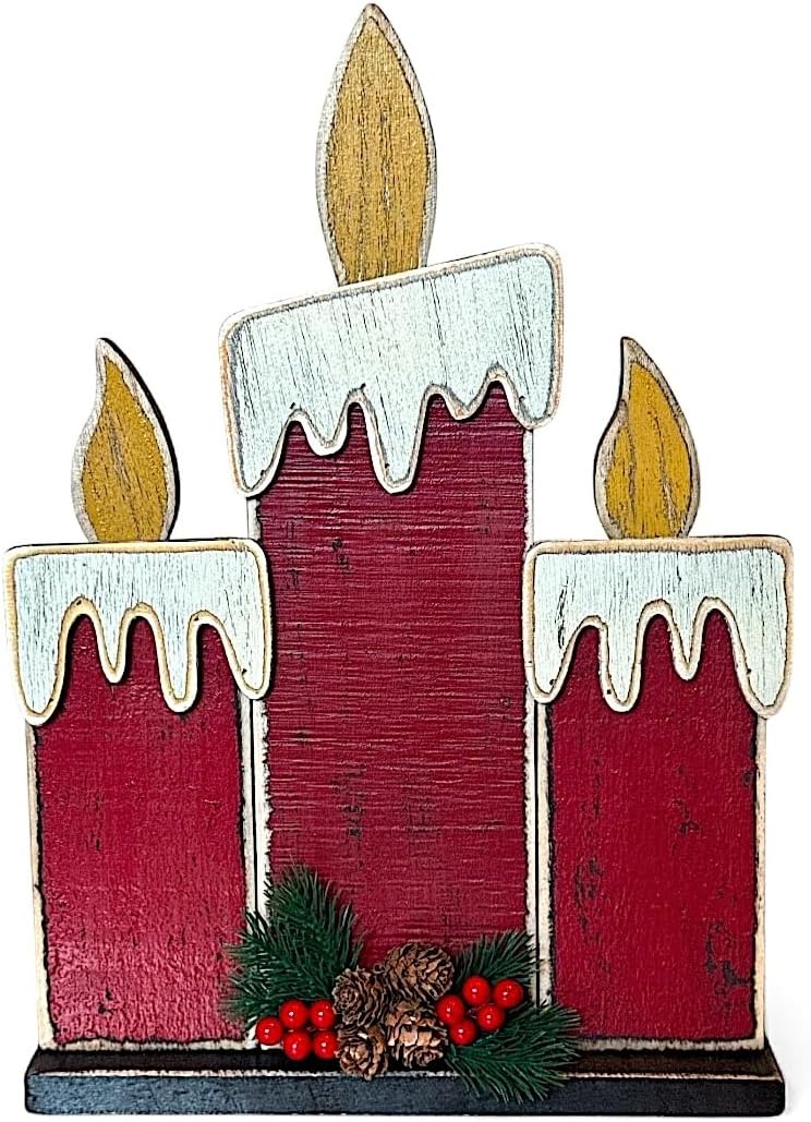 Wooden Candle Tabletop Christmas Decoration Large Tall Rustic Farmhouse Holiday Centerpiece Indoor Outdoor Winter Fireplace Shelf Window Porch Patio Display for Home Business Decor 15" x 11" (Red)