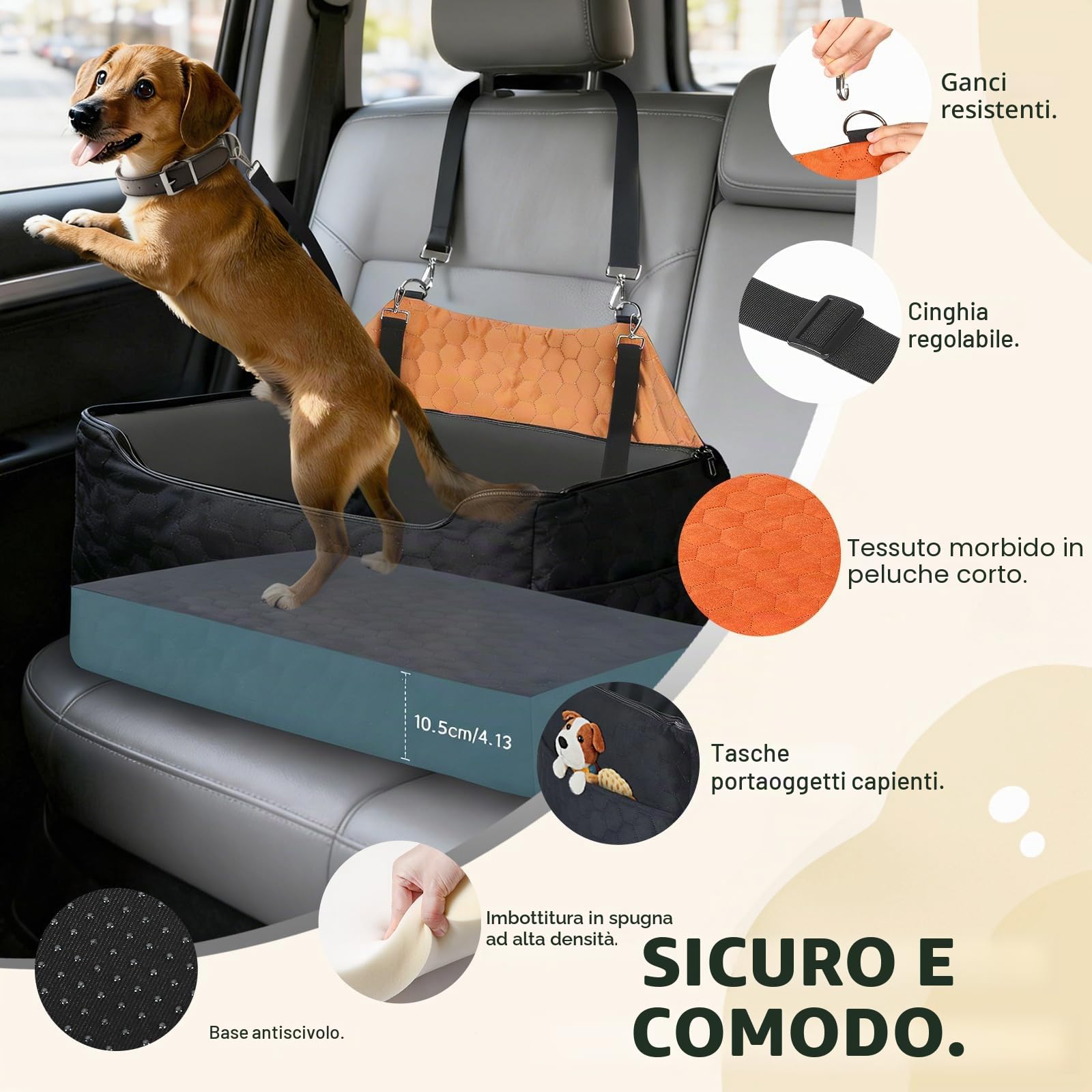 Seggiolino Auto per Cani,Rialzo Rimovibile e Lavabile per Cani di Taglia Media e Grande con Rivestimento in Pelle Impermeabile,Guinzaglio Incluso,Seggiolino Cane Auto più Pesanti(Nero brunastro)