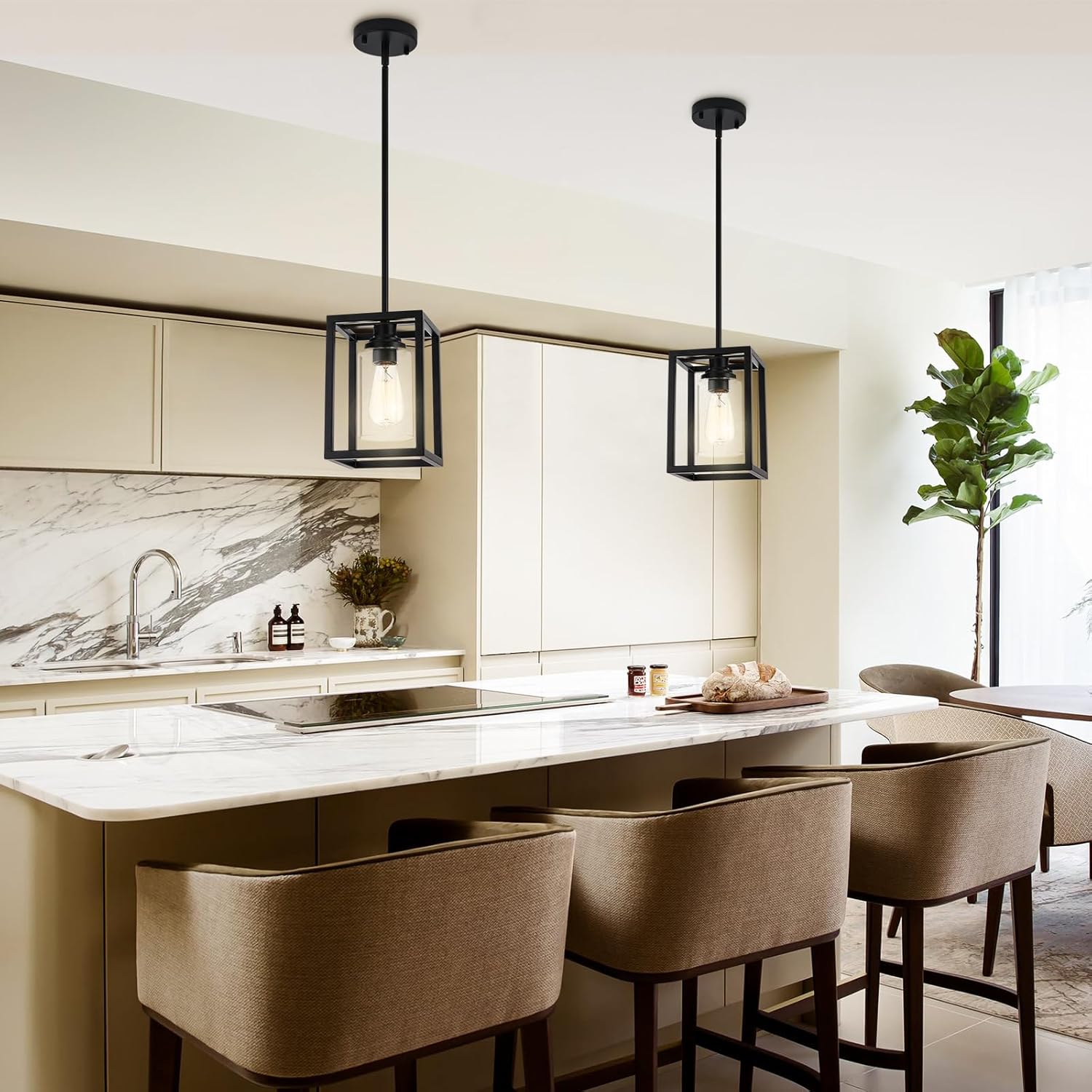 Matte Black Farmhouse Pendant Light Fixtures, Industrial Kitchen Island Light, Rectangle Linear Metal Hanging Lighting Fixture Ceiling Mount with Clear Glass Shade E26 Base for Dining Room, 2 Pack