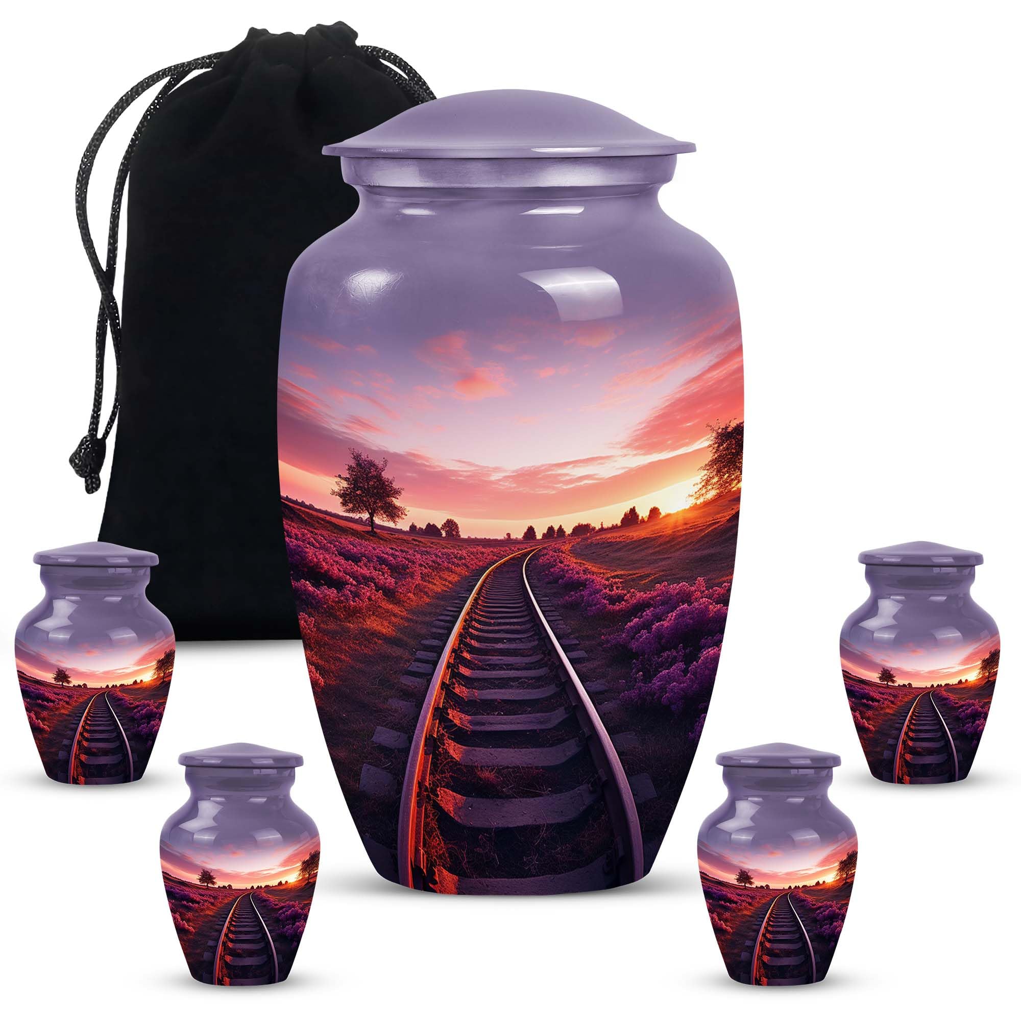 Lavender Sunset Journey Track - Combo Of 1 Large Urn With Velvet Bag And 4 Small - Urns For Human Ashes - Small Decorative Urn - Large Urns For Husband & Wife - Metal Urns - Cremation Urns Small