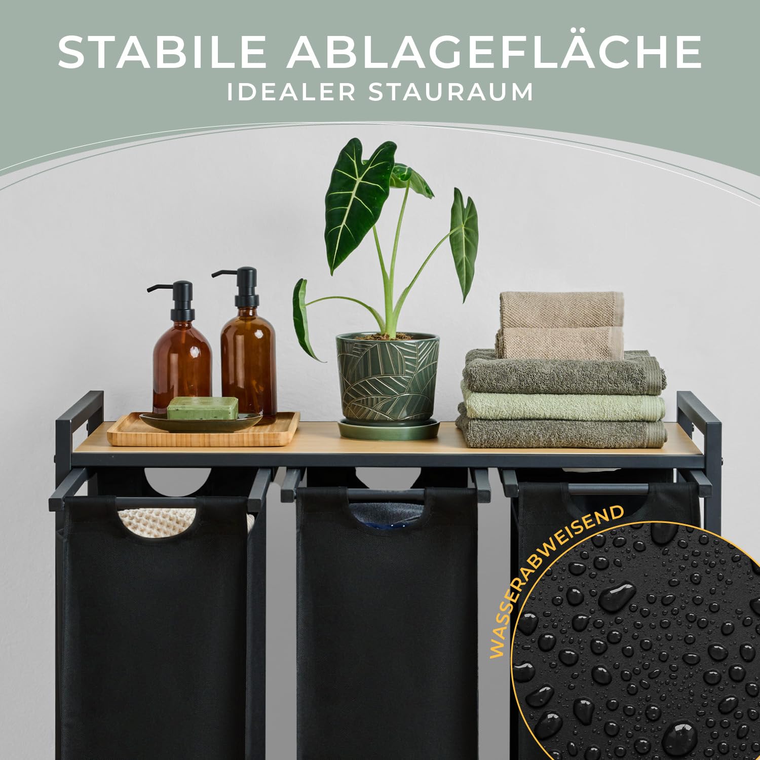 Blumtal Wäschesammler 3 Fächer Schwarz - Wäschekorb mit Ablage in Bambus-Optik - Wäscheschrank mit Metall-Rahmen in Schwarz - Wäschekorb mit Beinen - Wäschesortierer 3 Fächer/Schmutzwäschebehälter