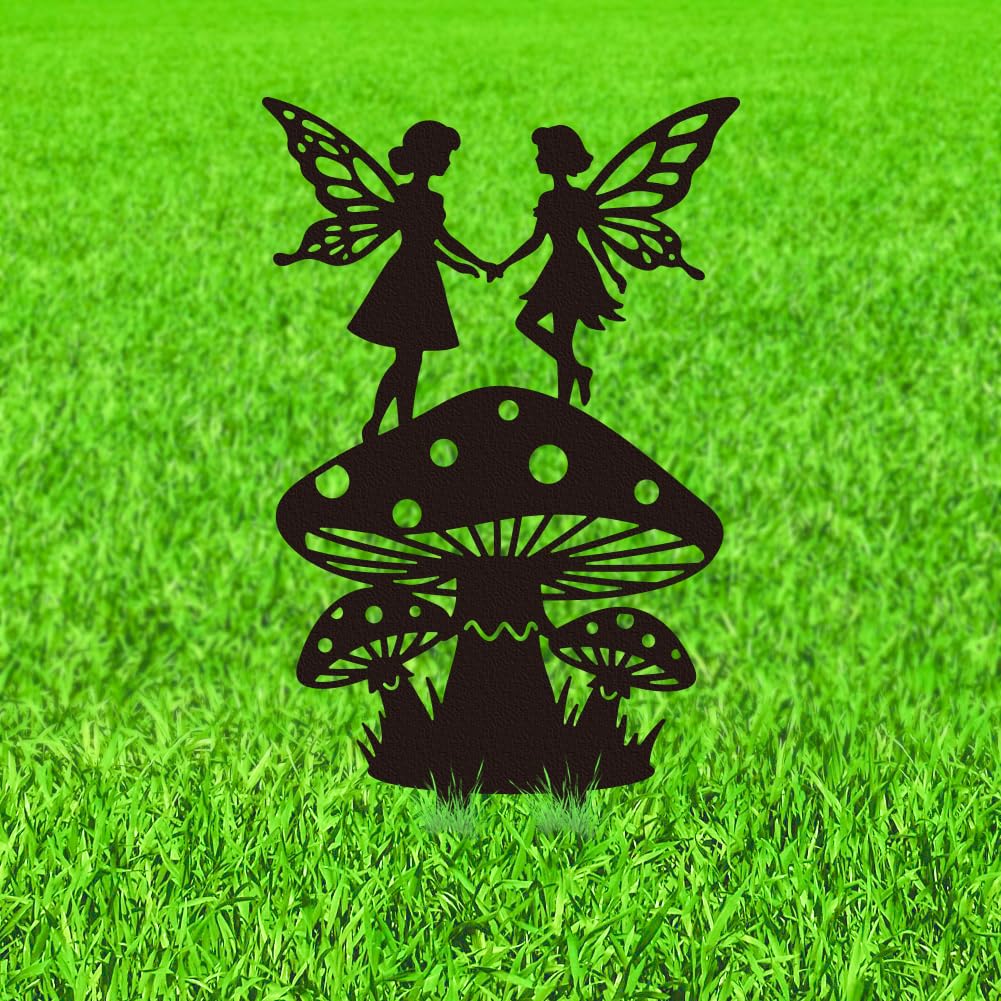 WADORN Mushrooms Fairies Metal Decorative Garden Stakes, Black Mushrooms Fairies Outdoor Statues Silhouette Funny Fairy Tale Lover Gifts Stakes Ornaments for Yard Art Garden Patio Backyard Lawn Decor