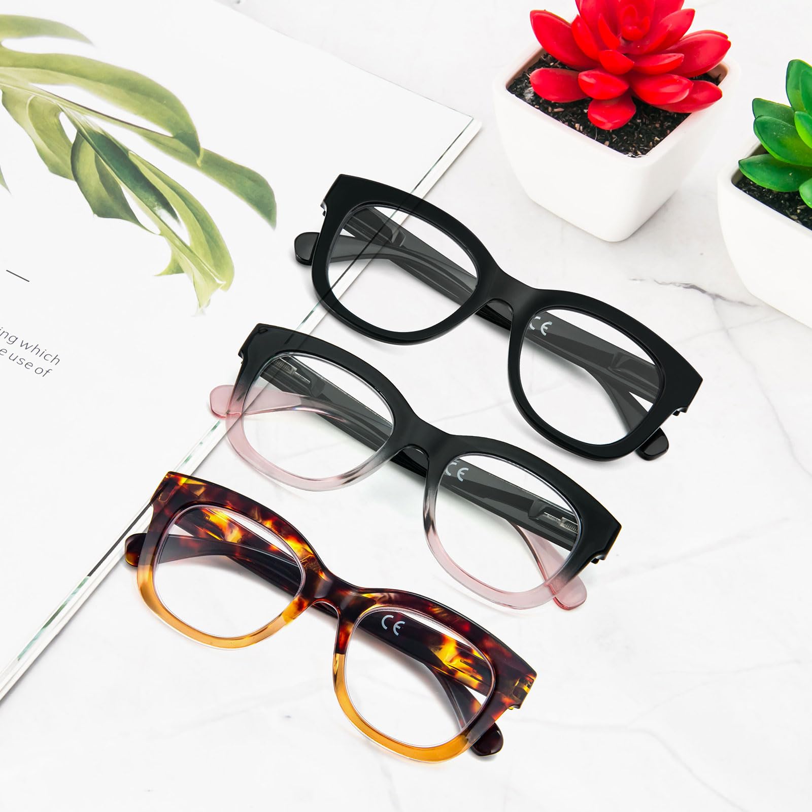 KoKoBin 3-Pack Oversized Reading Glasses For Women Blue Light Blocking Readers with Spring Hinge Ladies Computer Readers (Black、Black Pink、Tortoiseshell Tea - Image 4