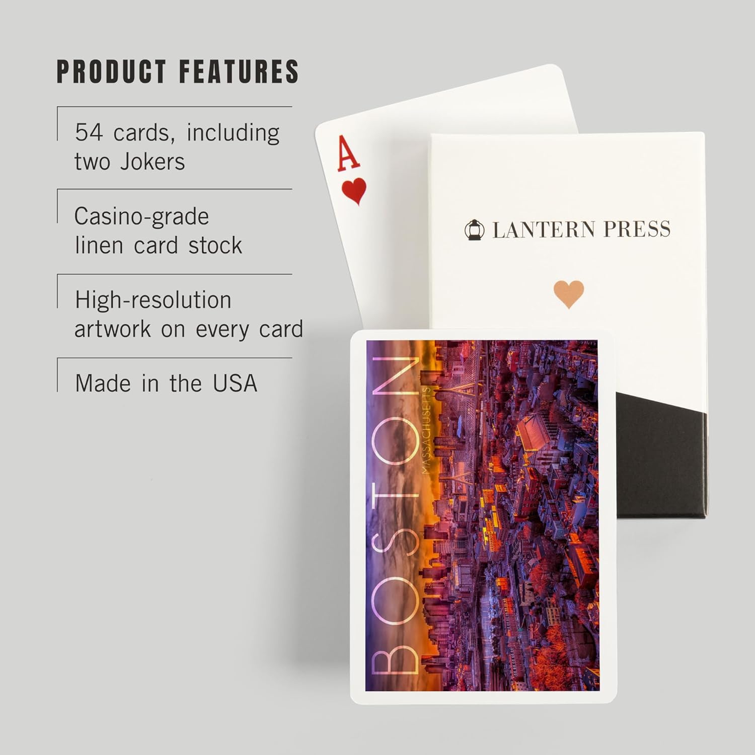 Lantern Press Boston, Massachusetts, Photography, Skyline at Sunset, 52 Playing Cards for Adults, Poker Size Card Deck
