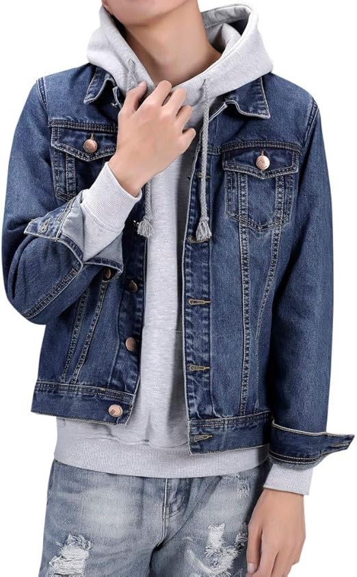 Denim Jacket Mens Denim Parka Coat Pockets Pullover Long Sleeve