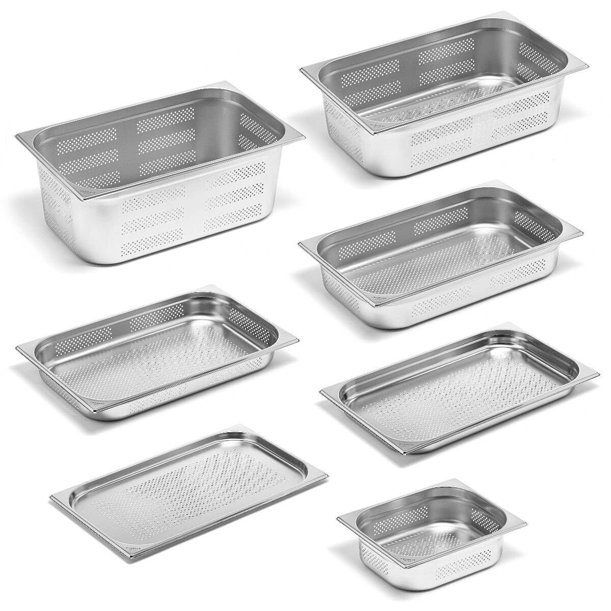 Contenitore Gastronorm in Acciaio Inox GN 1/1, Forato, Dimensioni 53x32,5 cm, Profondità 4 cm, Angoli arrotondati, Lavorazione solida, Trasporto, Conservazione, Riscaldamento alimenti