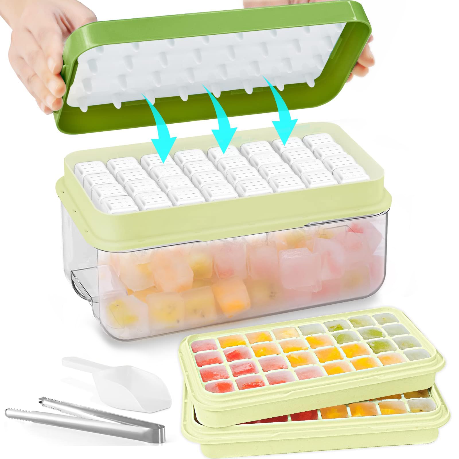 Ice Cube Tray With Lid And Bin,64 Pcs Ice Cubes Molds, Ice Trays For Freezer, Ice Cube Tray Mold, With 2 Trays, Ice Freezer Container, Spill-Resistant Removable Lid & Ice Scoop (green)