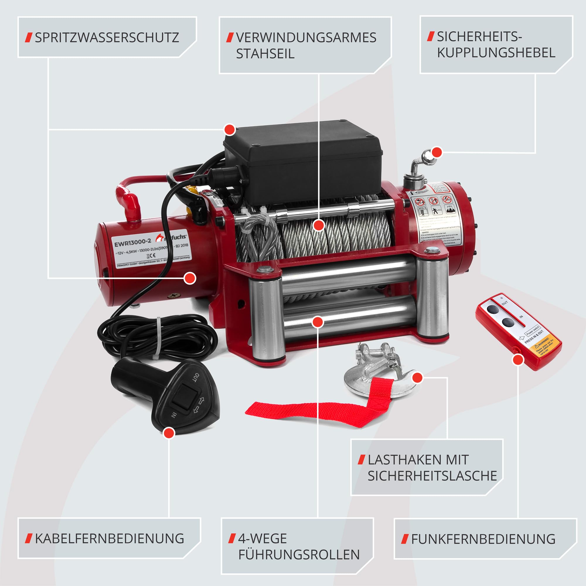 ROTFUCHS Elektrische Seilwinde 12v mit Funkfernbedienung – 5909 kg 13000 lbs, 6 PS Power Offroad 4x4 Motorwinde Bergewinde Forst Seilzug mit Stahlseil