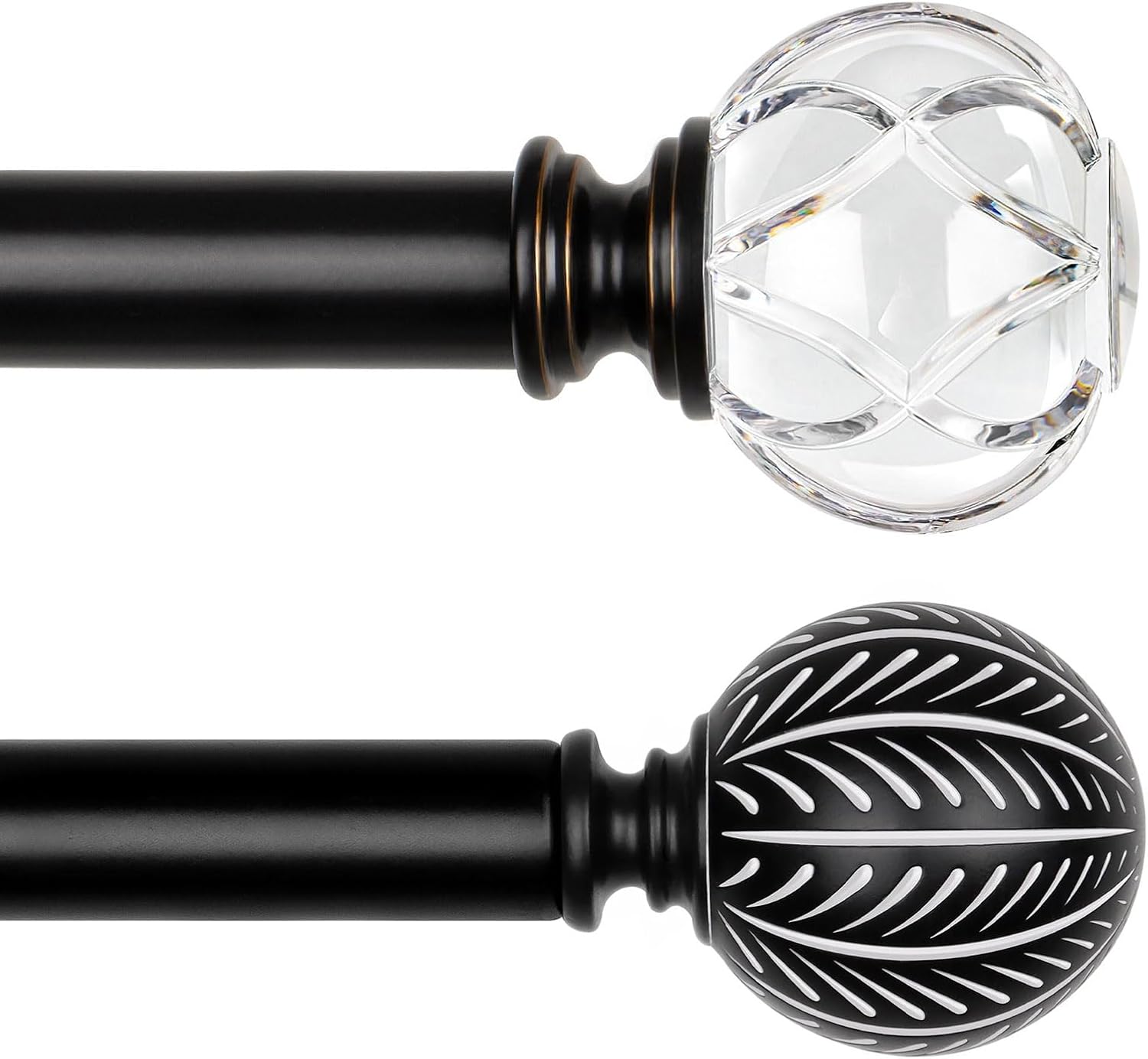 KAMANINA Black Curtain Rods for Windows 66 to 120 Inch, Heavy Duty Curtain Rods 32 to 120 (2.6-10ft), Adjustable Decorative Drapery Rods Set with Leaf Pattern and Crystal Finials