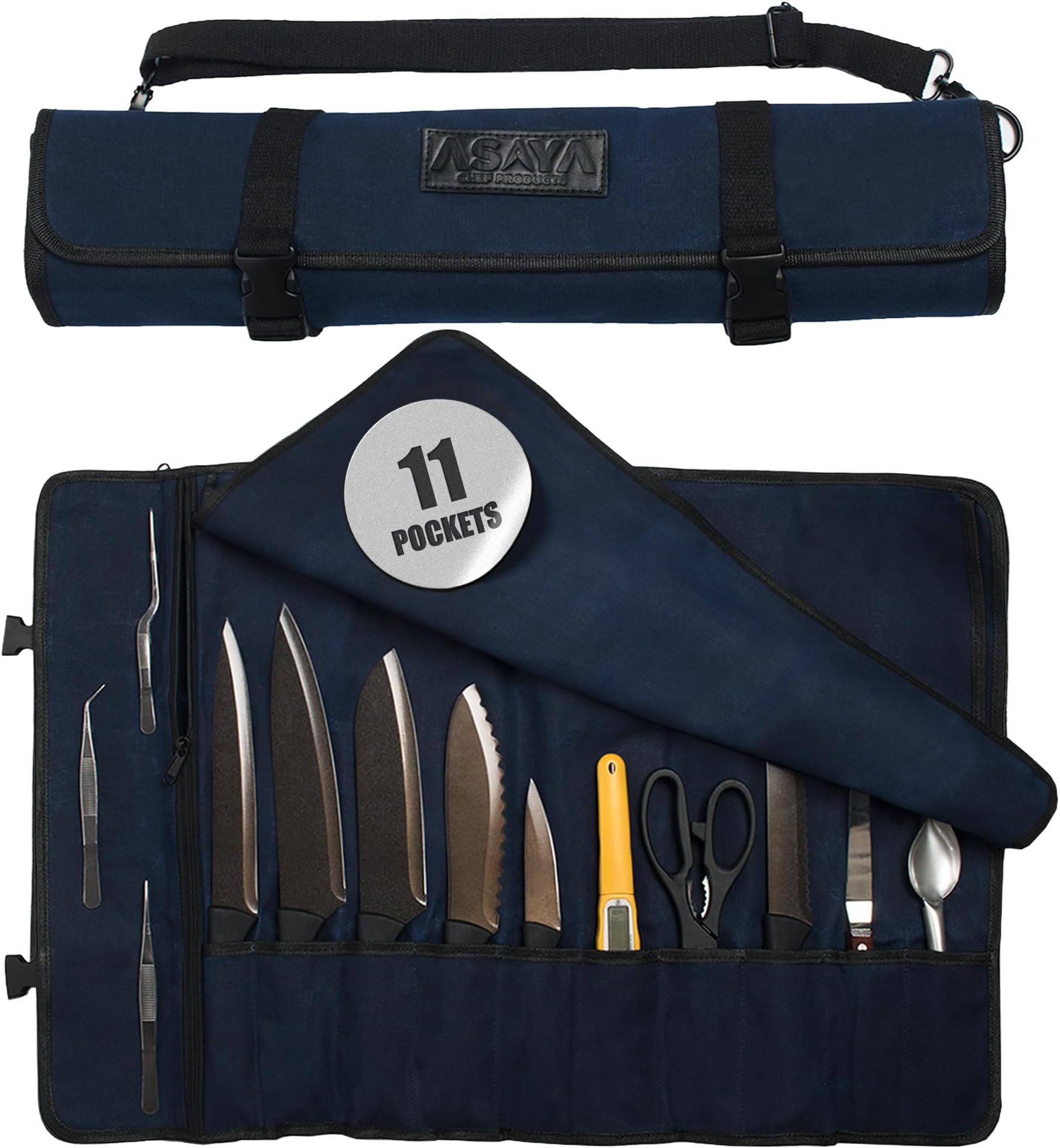 Asaya Canvas Chef Knife Roll Bag - 10 Knife Slots and a Large Zipper Pocket - Durable 10oz Canvas Knife Case with an Adjustable Shoulder Strap - Knives not Included