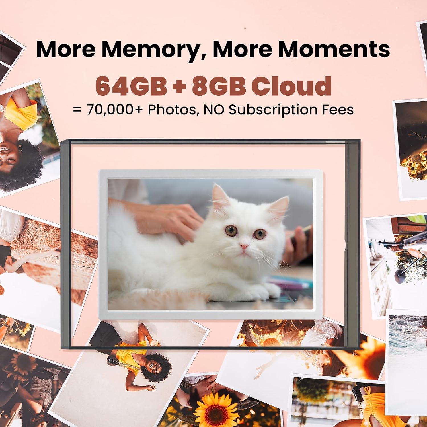 16" Grey WiFi Digital Picture Frame - 1920 * 1080P FHD Photo Frame Magnetic Wall Mount, 64GB+8G Cloud, Auto-Rotate, Family Sharing Photos/Videos Instantly via App& Pet-Friendly Brightness Control