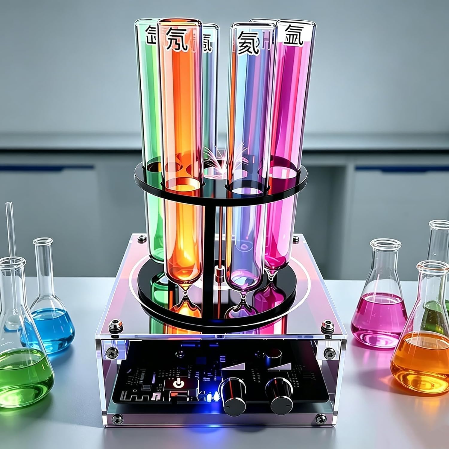Noble Gas Glow Tubes Set, 6 Seltene Gas Glasröhren, mit Erregungsbasis, He/Ne/Ar/Kr/Xe/N2, für Physik Demonstration, Sammeln, Ausstellen, Lehrgeschenk