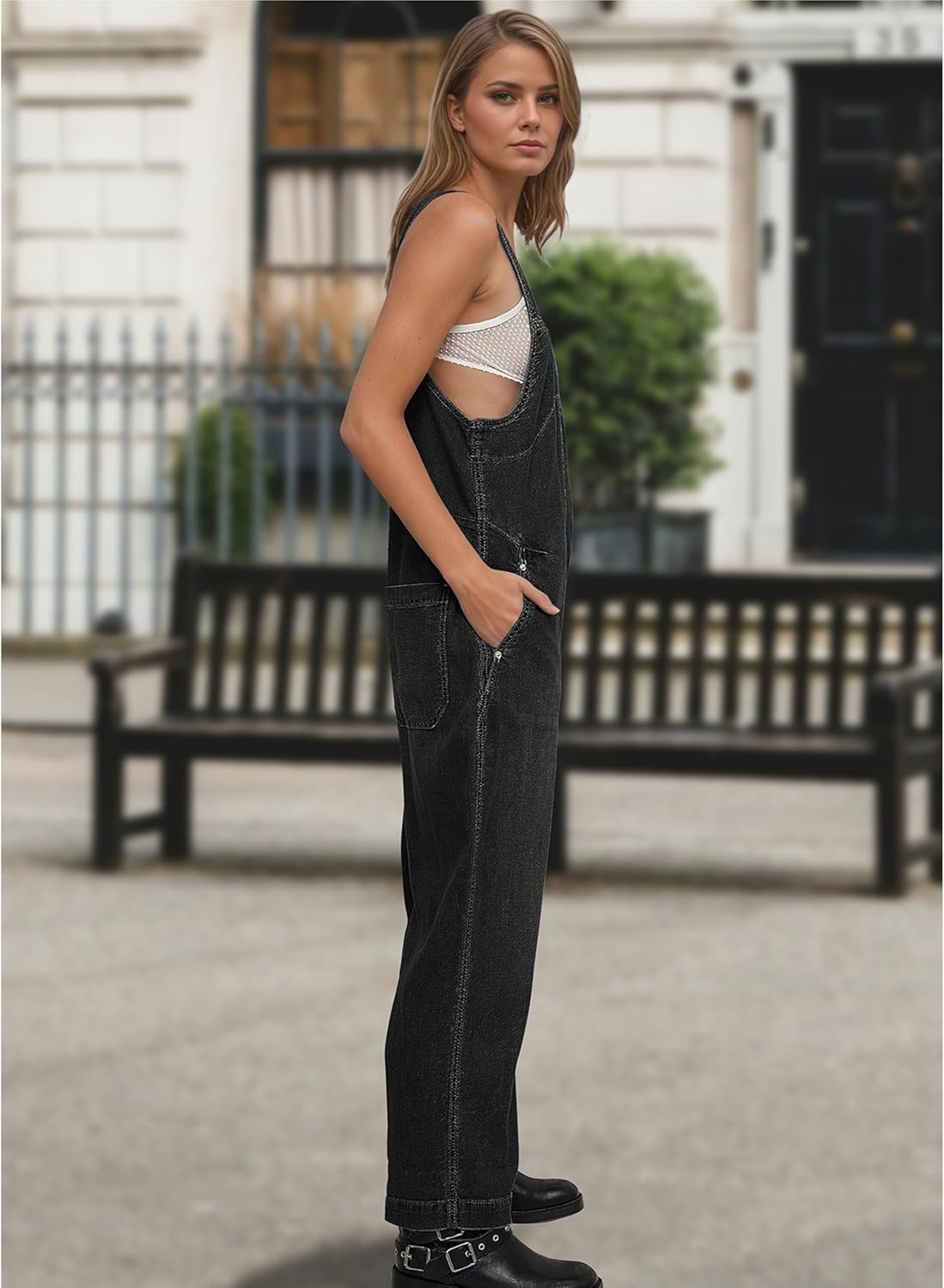 Women's Denim Overalls Casual Loose Fit Wide Leg Jumpsuit Zipper Sleeveless Bib Overalls Jeans with Pockets - Image 4