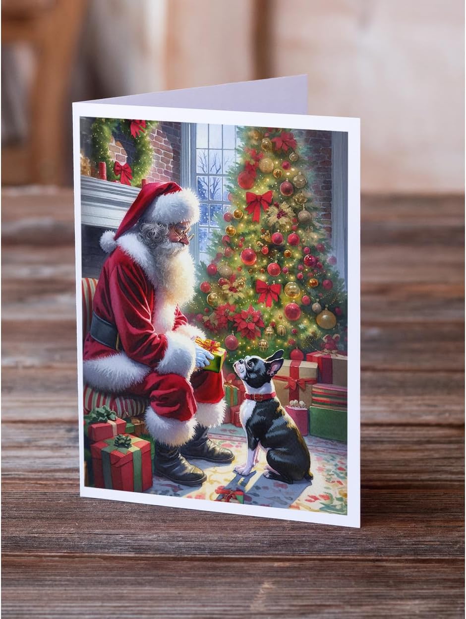 Caroline's Treasures DAC4078GCA7P Boston Terrier and Santa Claus Greeting Cards Pack of 8 Blank Cards with Envelopes Whimsical A7 Size 5x7 Blank Note Cards