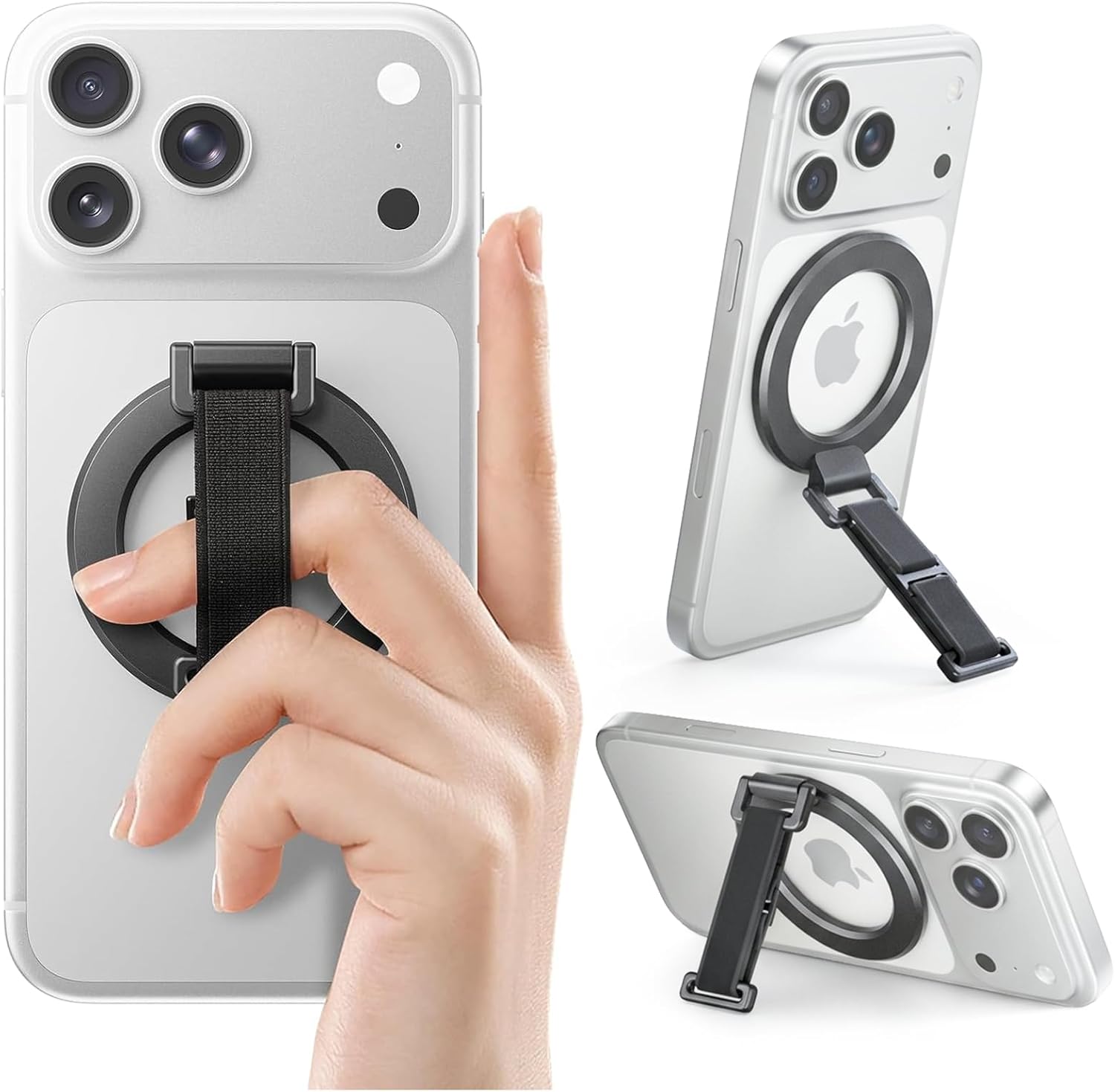 SUPERONE 2025 Upgrade for MagSafe Phone Grip with Finger Strap, Removable MagSafe Ring Holder with Kickstand Finger Loop, Mag Safe Accessories for iPhone 17/16/15/14/13/12 Series, Black