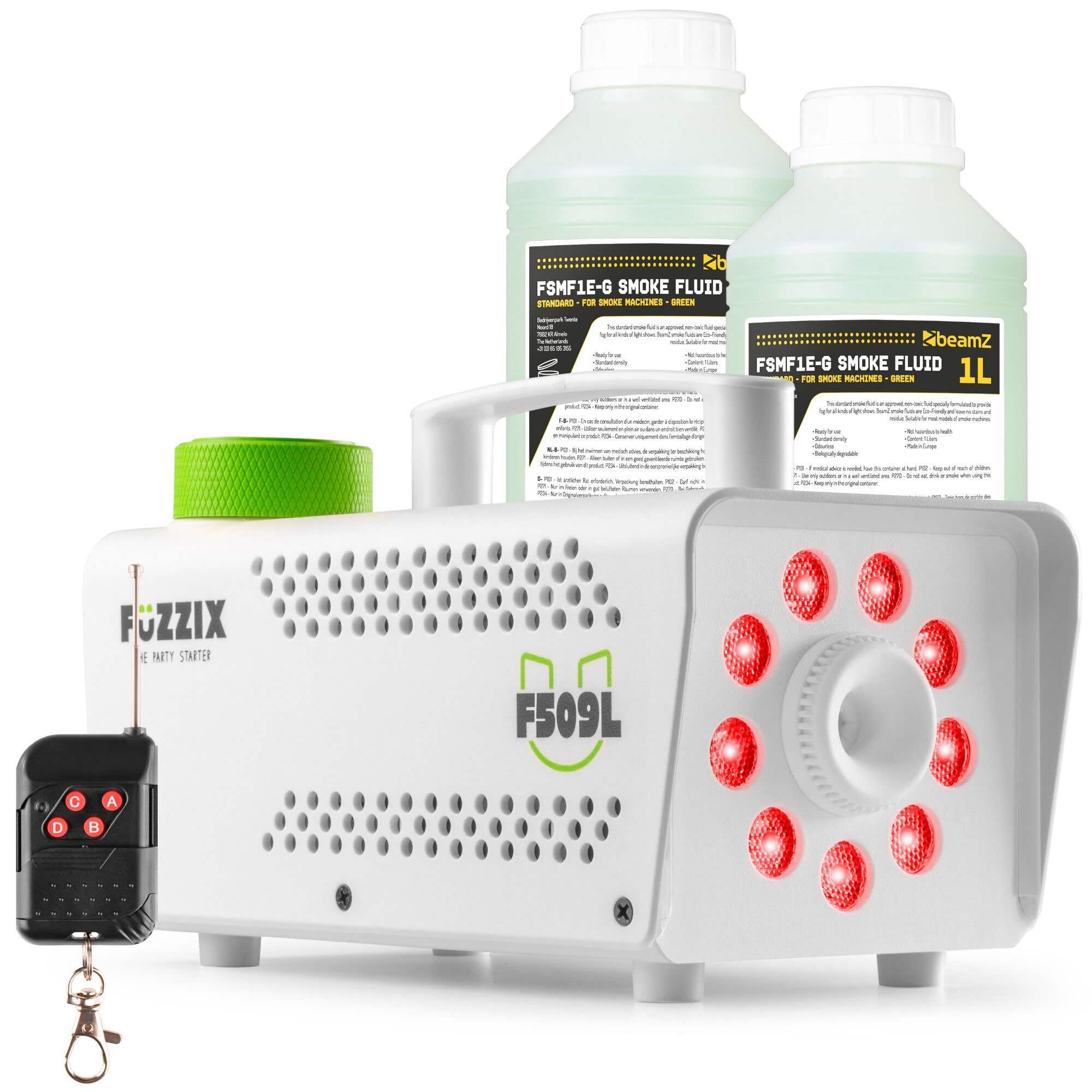 Fuzzix F509LW Nebelmaschine Mini mit LED Lichteffekt und 2 Liter Nebelfluid, 500 Watt mit Fernbedienung, Rauchmaschine Party, Smoke Machine mit 9 LEDs RGB, Hochzeiten, Nebelmaschine Halloween Party