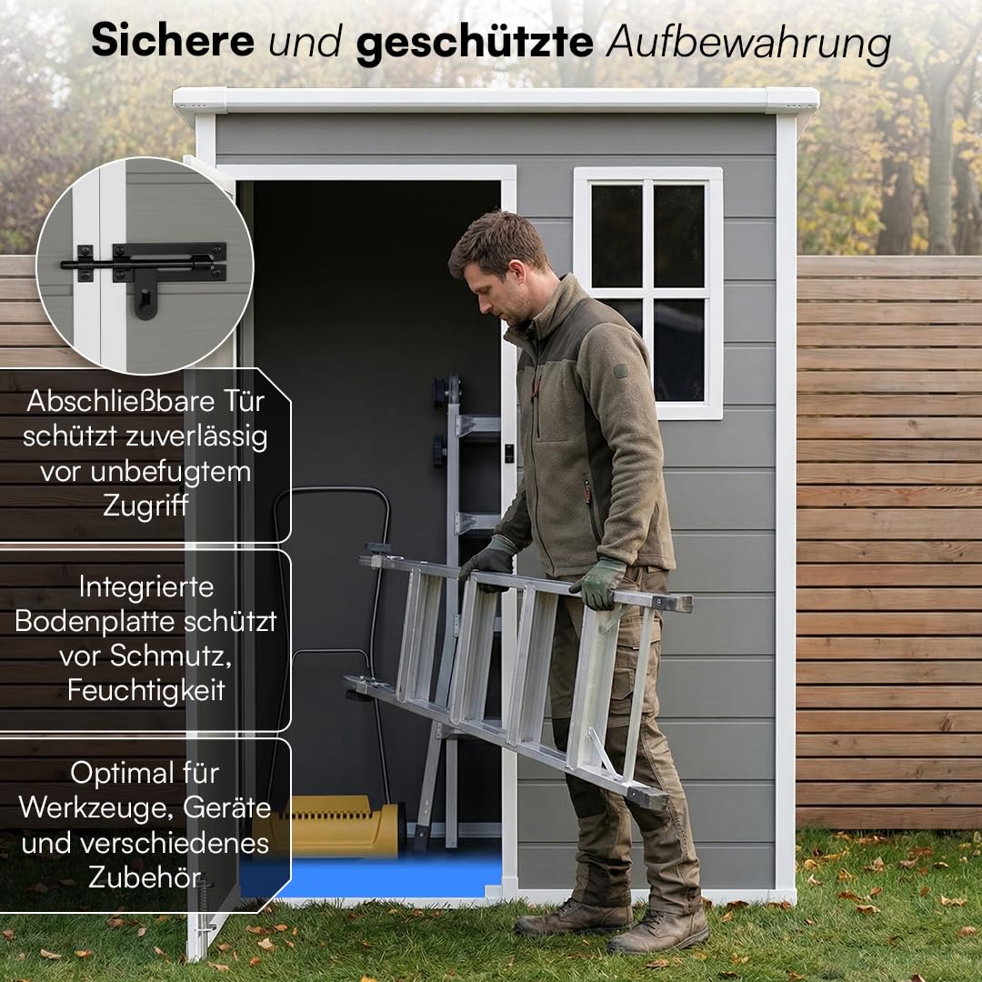 STEELSØN Novara Gerätehaus – Gartenschuppen mit Pultdach & Fenster – Gartenhaus 192x92x151 cm (HxTxB) – Geräteschuppen aus Kunststoff in Grau – Gartenhütte wetterfest & rostfrei – Schuppen