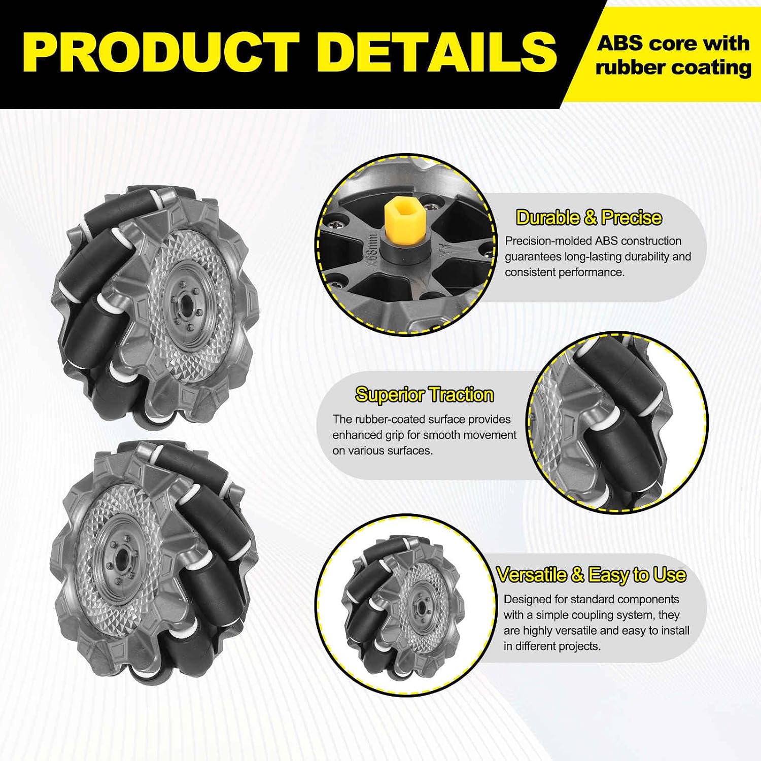 MECCANIXITY 2Set Mecanum Wheels Set with Hexagonal Universal Pins and Screws, 66mm / 2.6" ABS Rubber Omnidirectional Wheels for Smart Robot Car Parts DIY Models Accessories, Black