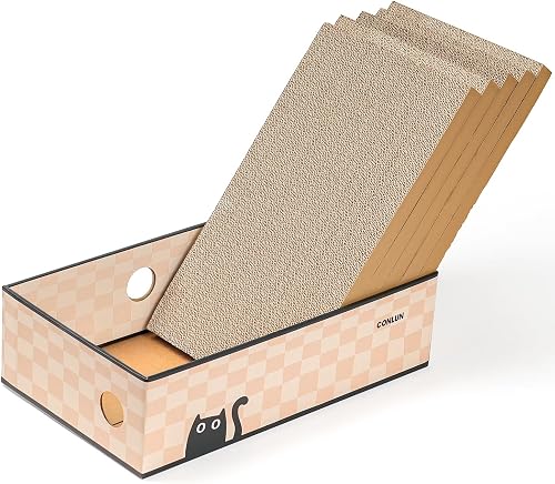 Conlun Cat Scratcher Box with Heavy-Duty Double-Sided Cardboard Pad, Cardboard Lounger, Interactive Hole Design, Cat Bed for Indoor Cats, Checkered,Large - 5 Pack