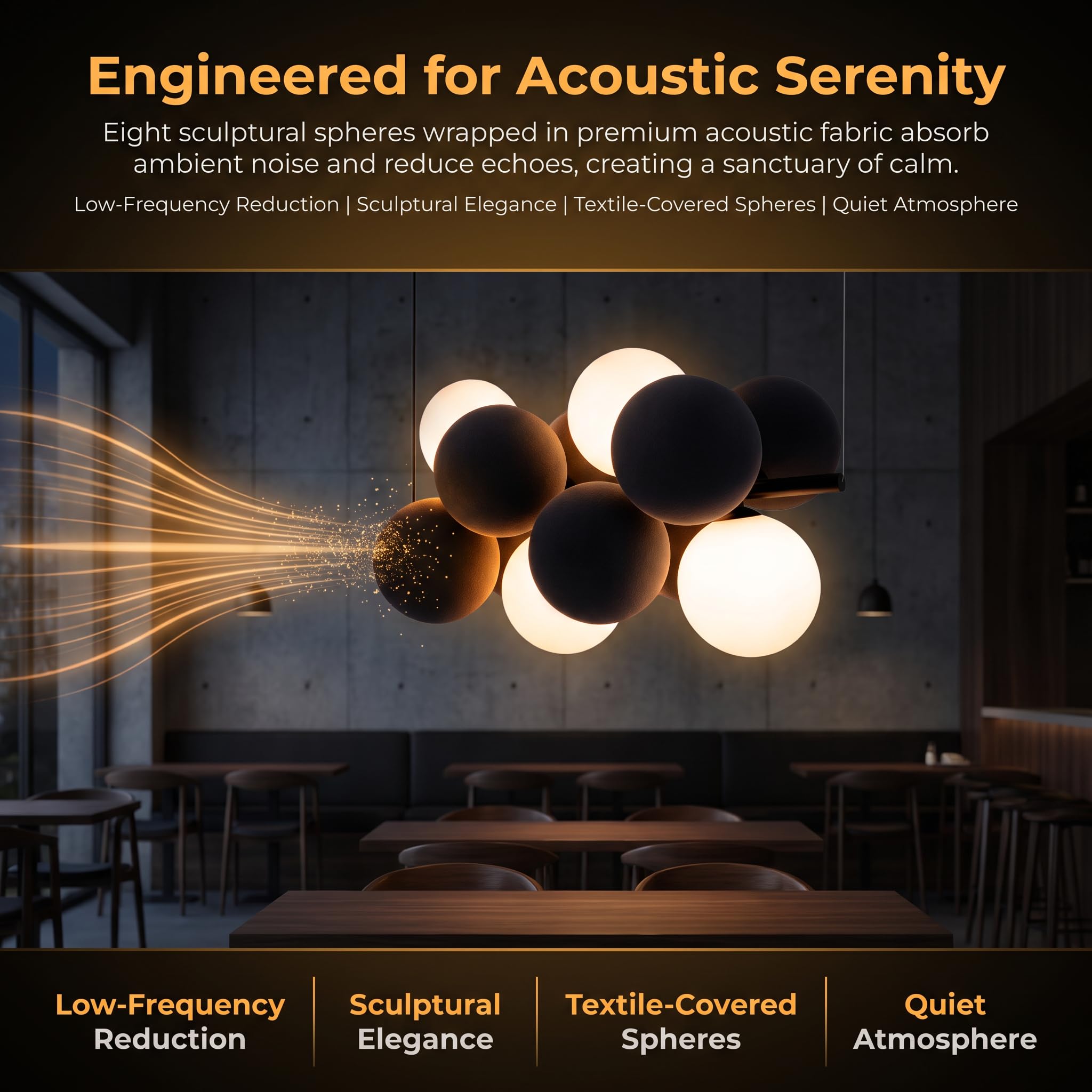 BARCELONA LED Lampada Acustica Sospesa DRAC Grigia Design Moderno | Assorbimento Sonoro, Sfere Tessili, Ufficio, Ristorante, Arredo Interni, Installazione Orizzontale
