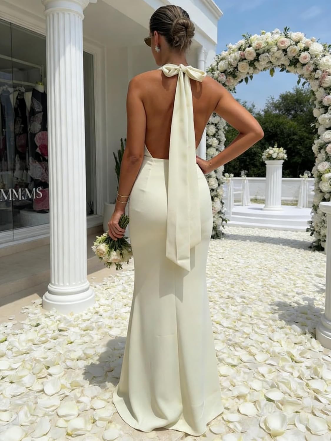 Satin Bridesmaid Dresses for Women Halter Mermaid V Neck Backless Long Prom Dresses Formal Wedding Guest Gown