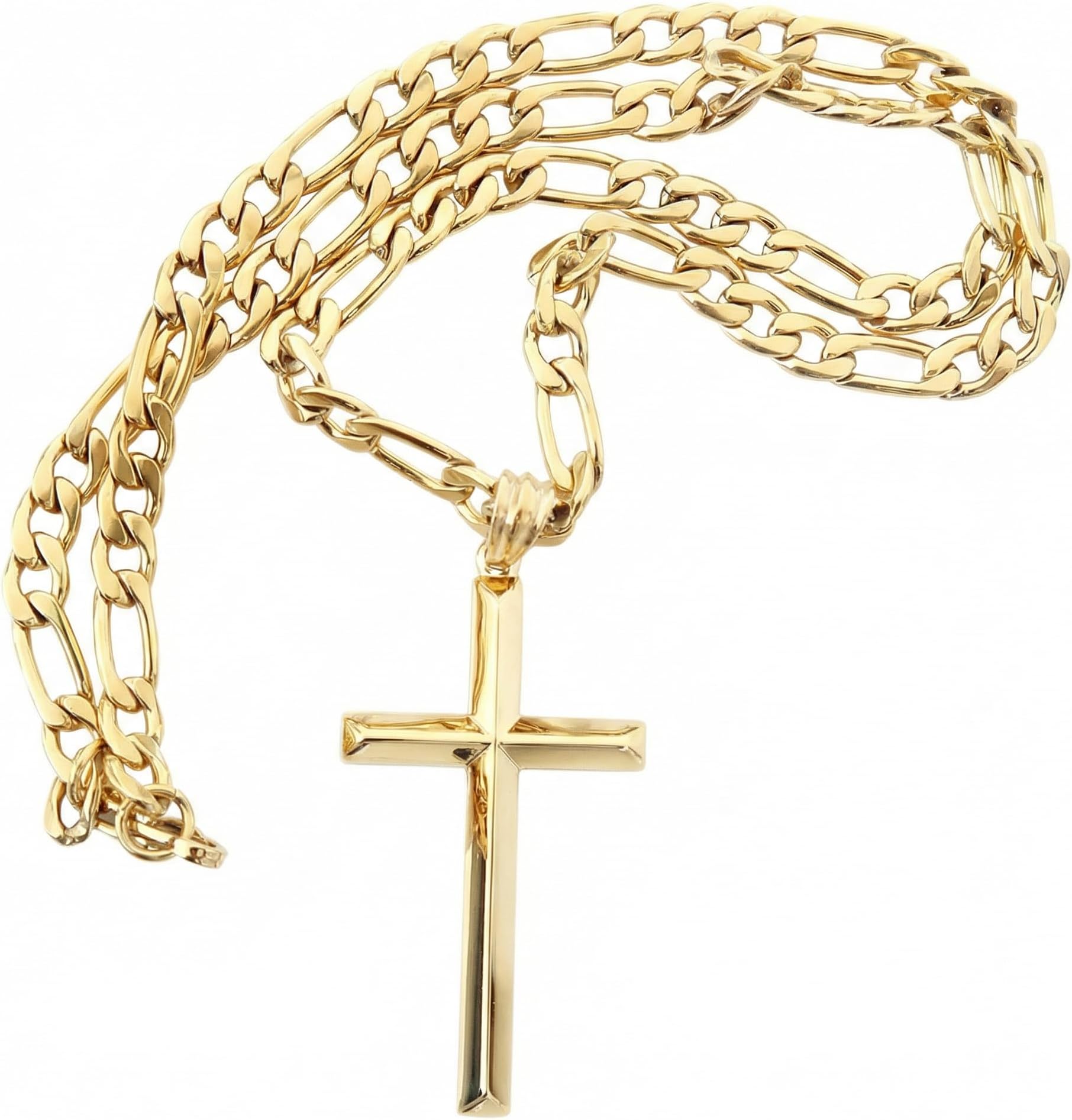 14K Gold Figaro Chain Style Cross Pendant Necklace 4MM Cross Necklace Clasp for MEN, HUSBAND Thin for Charms Miami Cuban Link Diamond Cut Religious Beveled Edge