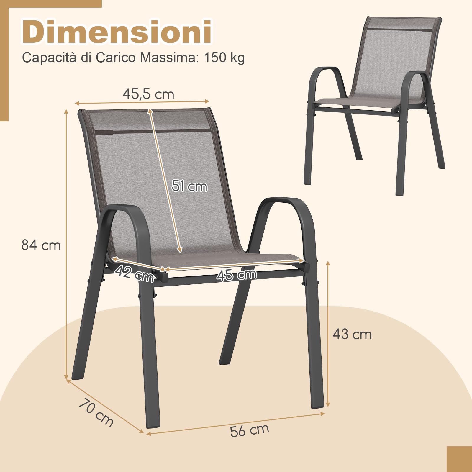 COSTWAY Set di 2 Sedie da Giardino in Textilene Impilabili Metallo 150 kg Grigio