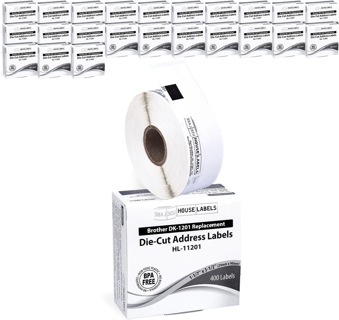 HOUSELABELS Compatible with DK-1201 Replacement Roll for Brother QL Label Printers; 400 Address Labels; 1-1/7" x 3-1/2" (29mm*90mm) - 24 Rolls