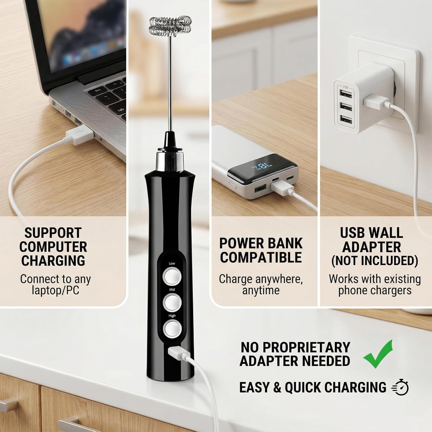 Electric Milk Frother, Rechargeable Usb Whisk with 3-speed Settings Portable Milk Frother for Coffee, Latte, Egg Mixing & Kitchen Tasks (black).. image 3