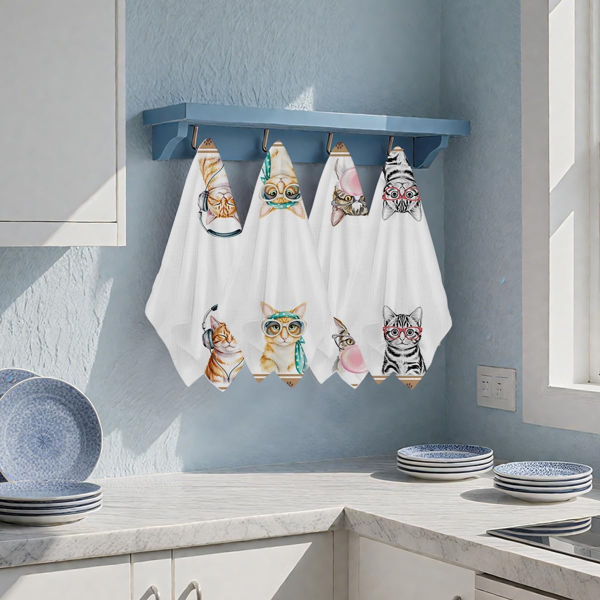 4Pcs Funny Cat Kitchen Towels 24x14 Inch, Cats with Headset Glass Chewing Gum Waffle Hand Towels for Kitchen Home Bathroom, Absorbent Microfiber Dish Cloth Tea Towel, Cat Lover Gifts for Women - Image 2