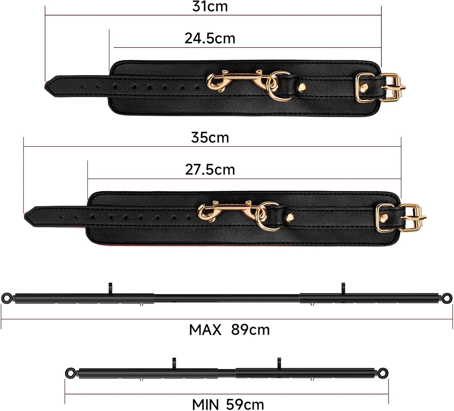 Heavy Duty Stainless Steel Expandable Spreader Bar with 4pcs PU Crocodile Red Adjustable Straps, Training Fitness Kit,Home Indoor Sports Yoga Set (Black+Black PU Kit)