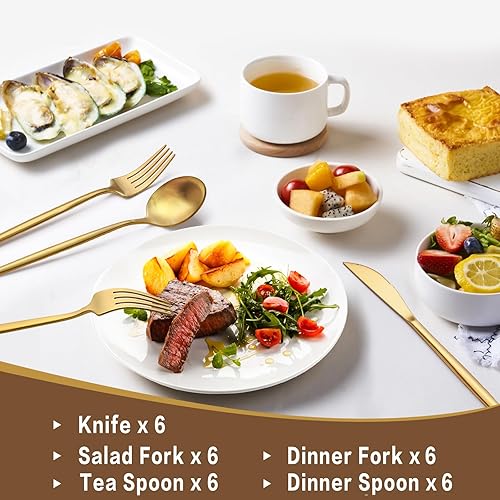 Miniatura 5 de Juego de cubiertos dorados de 30 piezas para 6, cubiertos de acero inoxidable de grado alimenticio, incluye cucharas, tenedores, cuchillos,