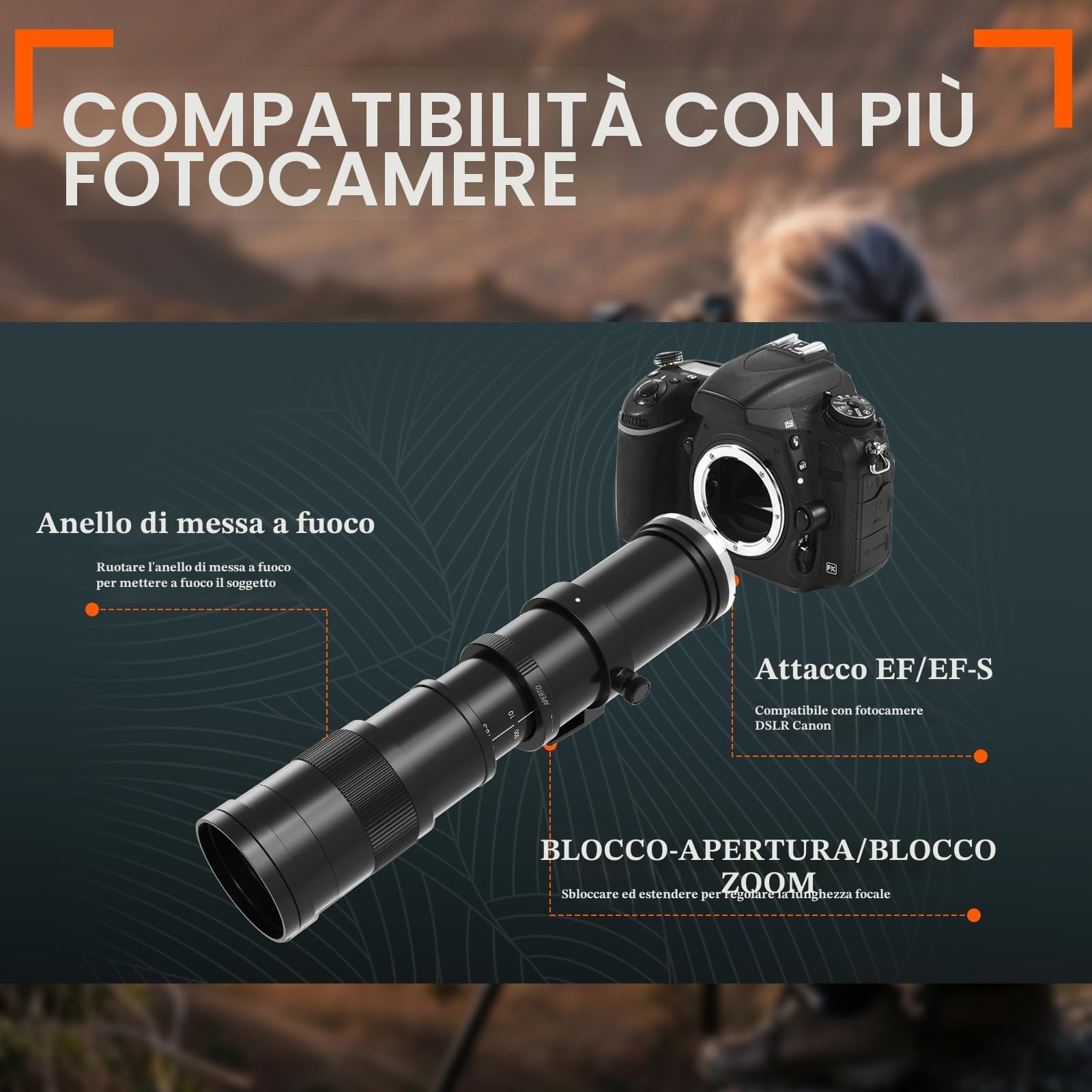 BENOISON Teleobiettivo 420-800mm, Obiettivo EF per Canon DSLR, Messa a Fuoco Manuale MF Zoom per Canon 4000D 2000D 1300D 1200D 850D 800D 750D 250D 200D 90D 80D 77D 7D 6D 5D 1D DSLR